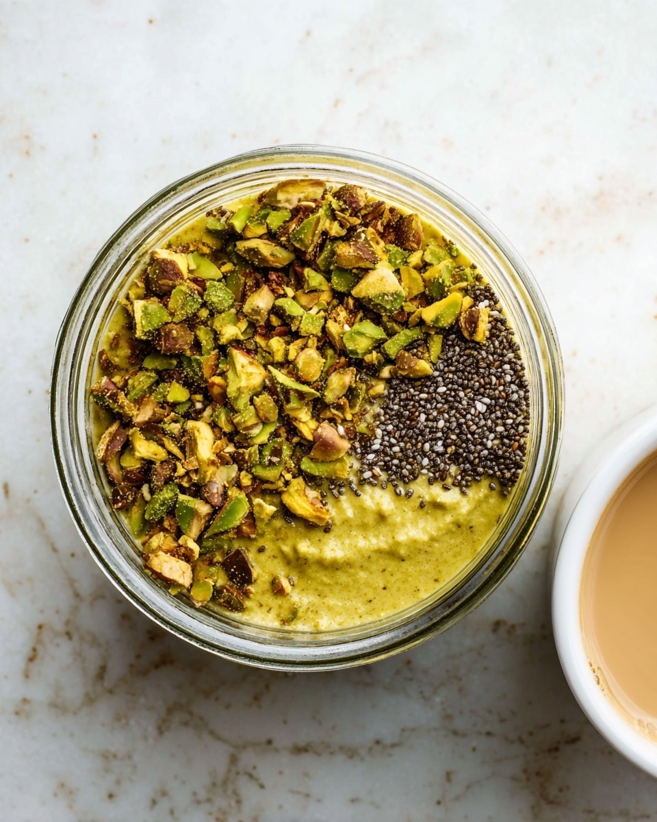 A clear glass jar shows three distinct layers of ingredients from top view. The top half layer is covered with chopped pistachio nuts, bright green with brown edges, having a rough texture. Below and to the right, a smooth, thick yellow-green paste takes up about one quarter of the circle. Between the pistachios and the paste, a small patch of tiny, shiny black chia seeds is visible. The jar sits on a white marbled surface, with a white-rimmed cup filled with a creamy light beige drink placed near the top right edge of the frame. Photo taken with an iphone --ar 4:5 --v 7