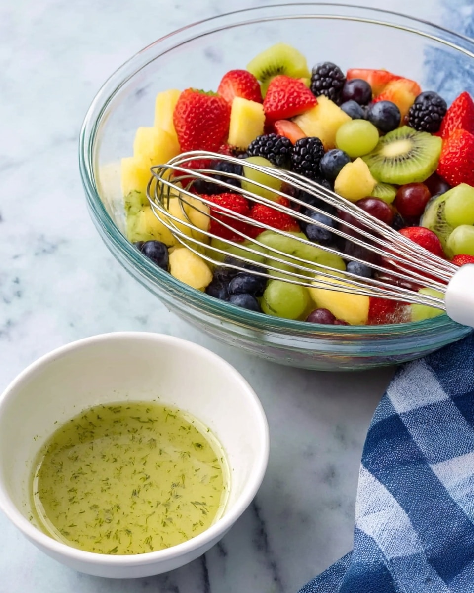 A large clear glass bowl filled with a mix of colorful fresh fruit layers including red strawberries, blackberries, yellow pineapple chunks, green kiwi slices, red grapes, and blueberries, all bright and fresh. In front of the bowl, there is a white bowl with a thin light green dressing that has small herb pieces floating inside, and a metal whisk with a white handle resting inside the bowl. The scene sits on a white marbled surface with a blue and white checkered cloth partially visible beside the bowls. Photo taken with an iphone --ar 4:5 --v 7