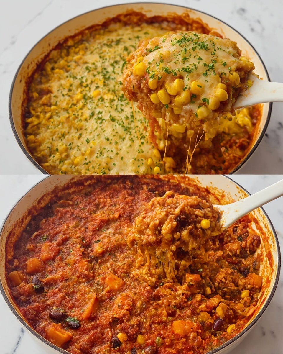 The image shows a round white ceramic pan with a thick, layered dish inside. The bottom layer is a mix of cooked rice and beans, with chunks of orange-colored vegetables and pieces of soft meat. A bright layer of yellow corn kernels is spread evenly on top. The surface is rich and saucy with a red tomato base. In the second image, the top layer is covered with melted, lightly browned cheese, and the dish is sprinkled with finely chopped green herbs. A white spatula lifts a portion of the food, showing multiple layers of rice, beans, vegetables, meat, sauce, and melted cheese inside. The background is a white marbled surface. Photo taken with an iphone --ar 4:5 --v 7