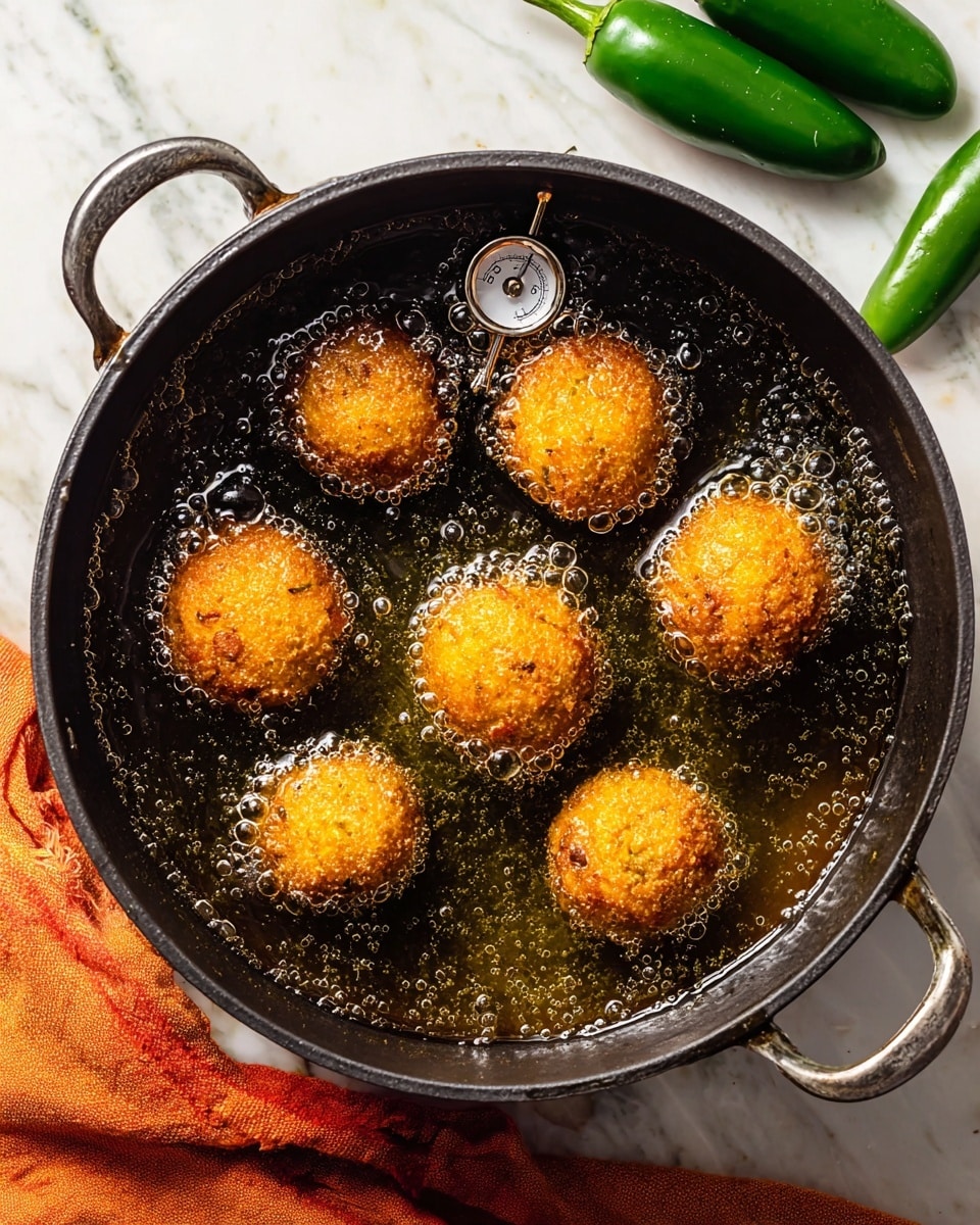 A black cast iron pot filled with hot oil bubbling around six golden-brown fried balls, each with a rough textured surface, floating spaced apart in the oil; the pot has two handles and a metal thermometer clipped to the side showing the temperature; the pot sits on a white marbled surface with three green jalapeños arranged nearby and an orange cloth partially visible on the side. photo taken with an iphone --ar 4:5 --v 7