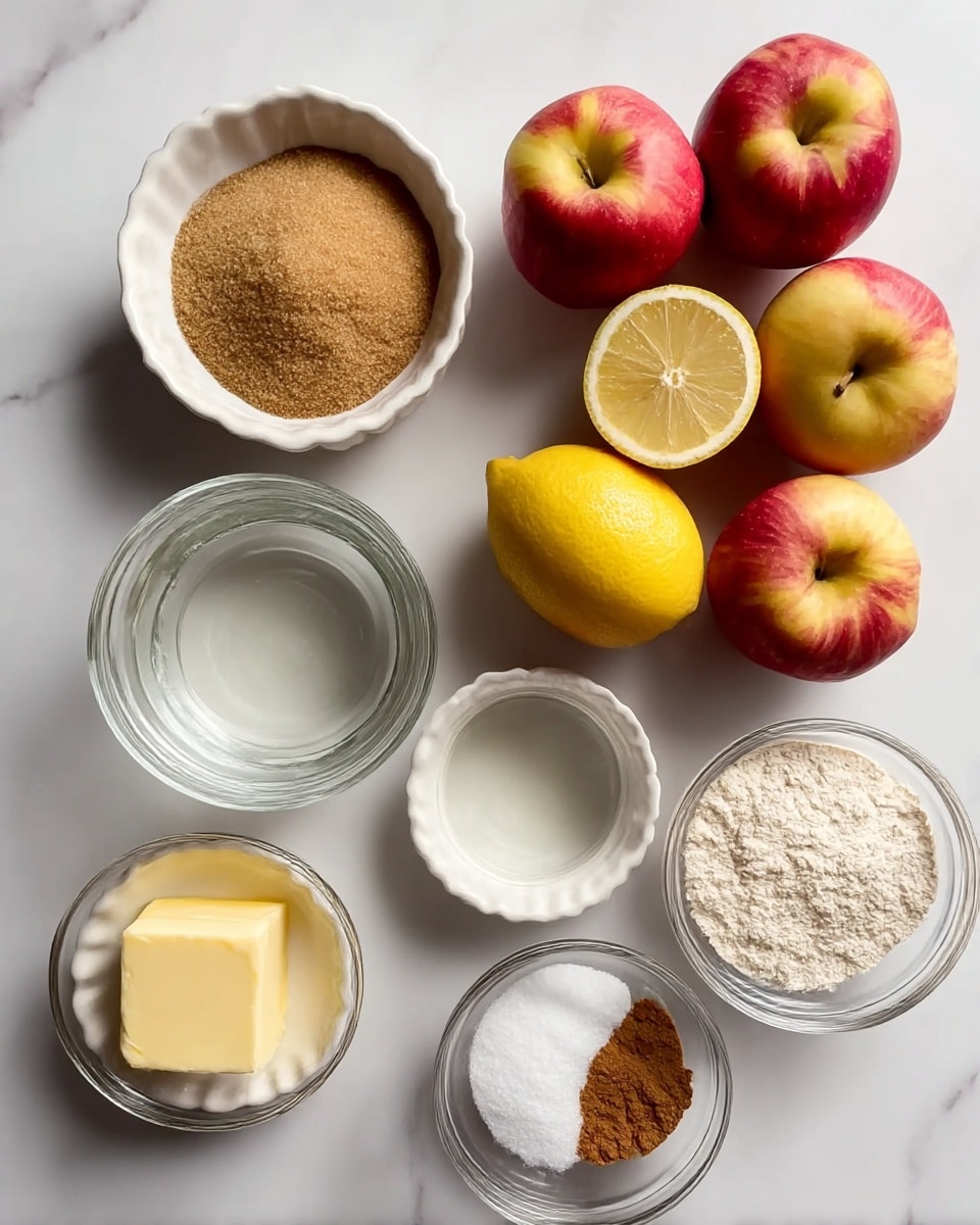 The image shows a top view of ingredients for a recipe arranged neatly on a white marbled surface. There are three red and yellow apples grouped together near the top right, and a halved lemon placed just below them. To the top left is a small white bowl filled with brown sugar. Below the apples, a small glass bowl contains clear water. Towards the bottom left are a small white bowl with a square piece of butter and a small white bowl filled with white granulated sugar. Next to the sugar bowl is a small glass bowl with light beige flour, and beside it is another small glass bowl with brown cinnamon powder. All items are laid out clearly with distinct colors and textures. Photo taken with an iphone --ar 4:5 --v 7