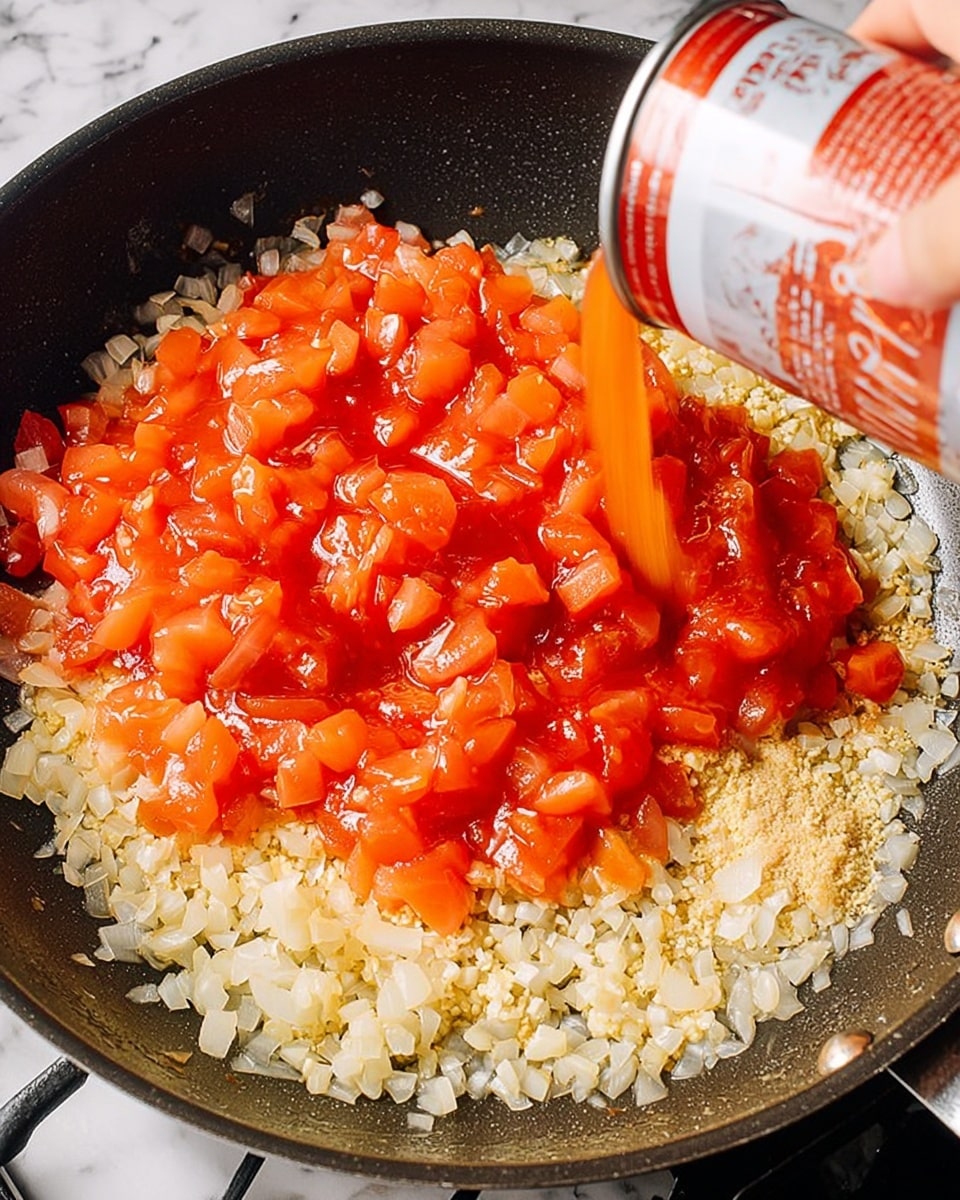 The image shows a black pan filled with a layer of small, light golden chopped onions spread evenly at the bottom. On top of the onions, bright red cooked tomato chunks and sauce cover the middle area, with a shiny, slightly wet texture. In the upper right corner, a woman's hand is seen holding a white and red can above the pan, pouring ingredients into the food. The background is a white marbled texture. Photo taken with an iphone --ar 4:5 --v 7