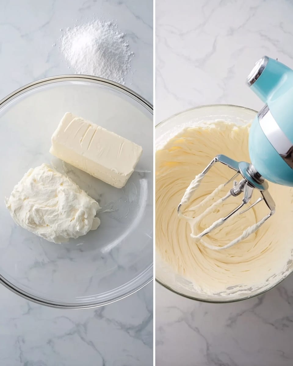 The image shows two photos side by side on a white marbled surface. The left photo has a clear glass bowl with three separate white and cream ingredients inside: a block of cream cheese at the bottom left, a pile of powdered sugar on the top right, and a small amount of liquid near the edge. The right photo shows the same glass bowl now filled with smooth, whipped creamy mixture being mixed by a light blue electric hand mixer, which is inside the bowl. The creamy mixture is pale off-white and fluffy with swirls from the mixer beaters. Photo taken with an iphone --ar 4:5 --v 7