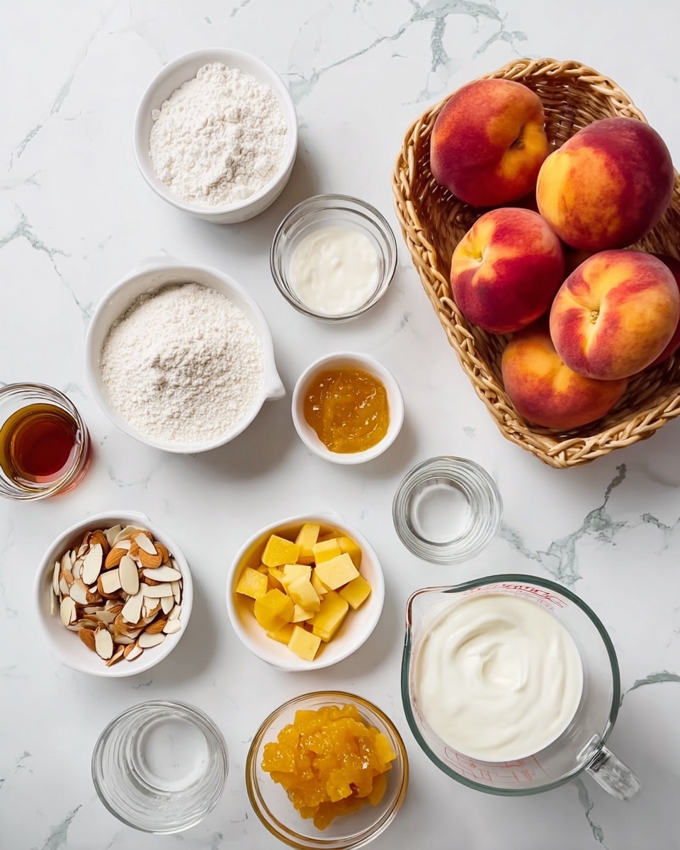 A white marbled surface holds several small white bowls and a basket arranged neatly, containing ingredients for a recipe. At the top right, a wooden basket is filled with six ripe peaches showing warm orange and red colors. Around the basket, there are small white bowls filled with dry flour, white powdered sugar, white granulated sugar, golden jam, yellow cubed butter, sliced almonds, and bright yellow lemon zest. There is also a clear glass measuring cup filled with milk, a white bowl with smooth white cream or yogurt, and three small glass containers holding clear liquids and vanilla extract. The setup is clean and bright, with all ingredients spaced evenly and the white marbled background enhancing the colors of the food. Photo taken with an iphone --ar 4:5 --v 7