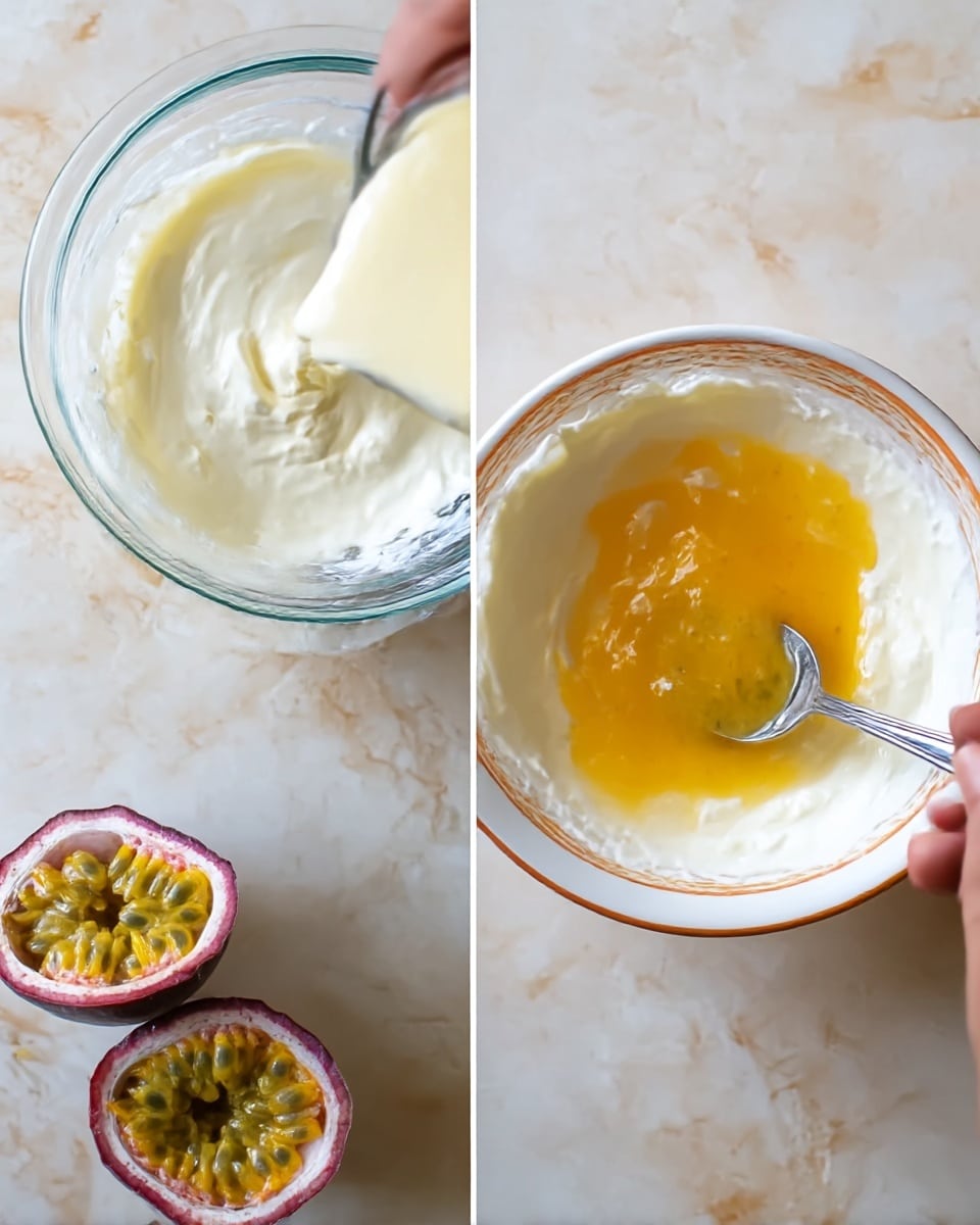 The image shows a white marbled surface with two close-up shots side by side. On the left, a clear glass bowl filled with thick white cream is seen from above, and a woman's hand is pouring a pale yellow creamy mixture into the bowl. Below the bowl, a halved passion fruit with yellow seeds and purple skin is placed on the surface. On the right, the same bowl with white cream now has a puddle of bright yellow passion fruit juice on top, and a spoon is partially submerged, ready to mix the layers. The bowl's inside rim is coated with a thin layer of cream. photo taken with an iphone --ar 4:5 --v 7