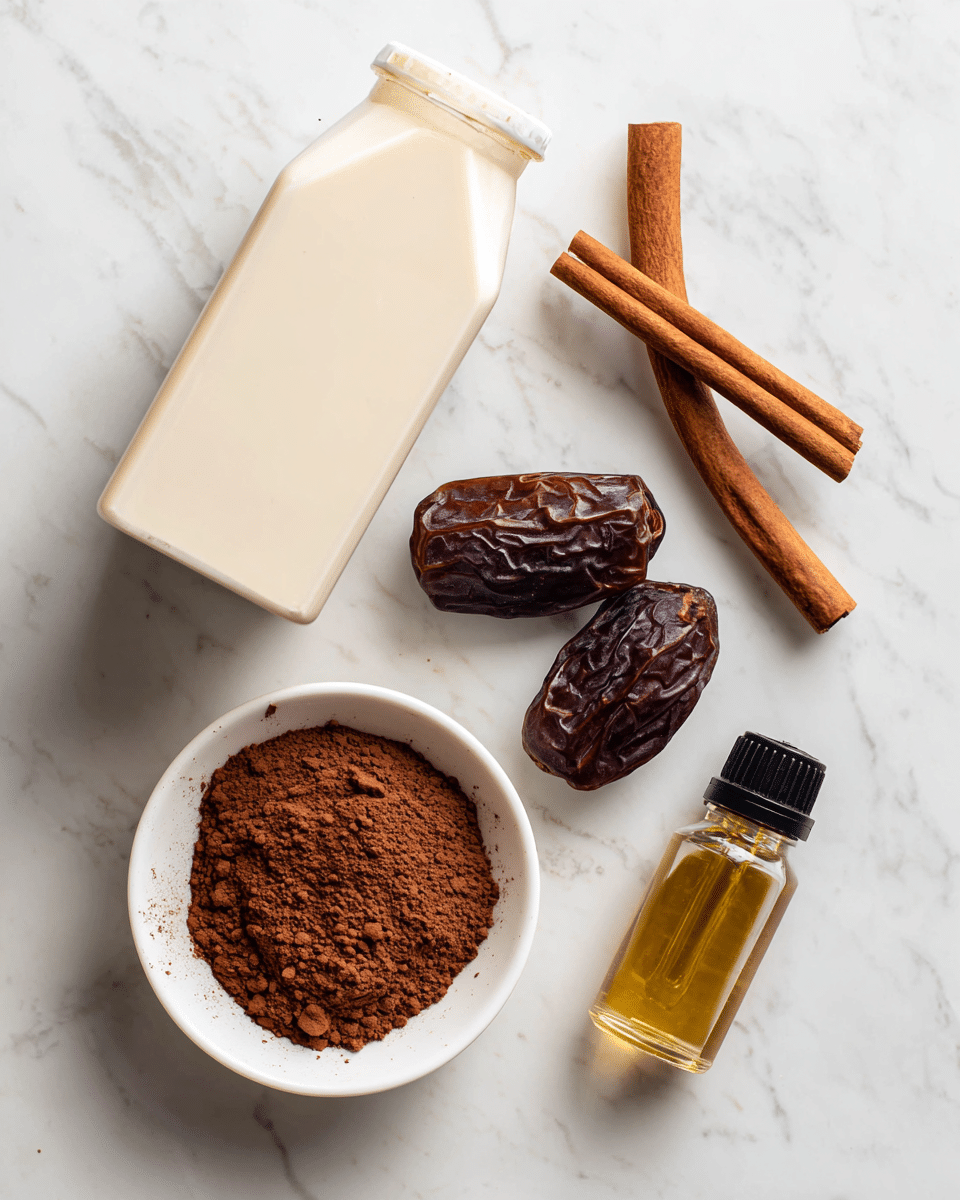 A top view of ingredients arranged neatly on a white marbled surface, including a clear carton of light beige plant milk tilted on the left side, two brown cinnamon sticks positioned diagonally near the center top, two dark brown wrinkled dates placed just below the cinnamon, a small clear bottle of golden vanilla extract with a black cap on the right, and a small white bowl filled with a mound of rich dark brown cacao powder with a fine texture near the bottom left. photo taken with an iphone --ar 4:5 --v 7