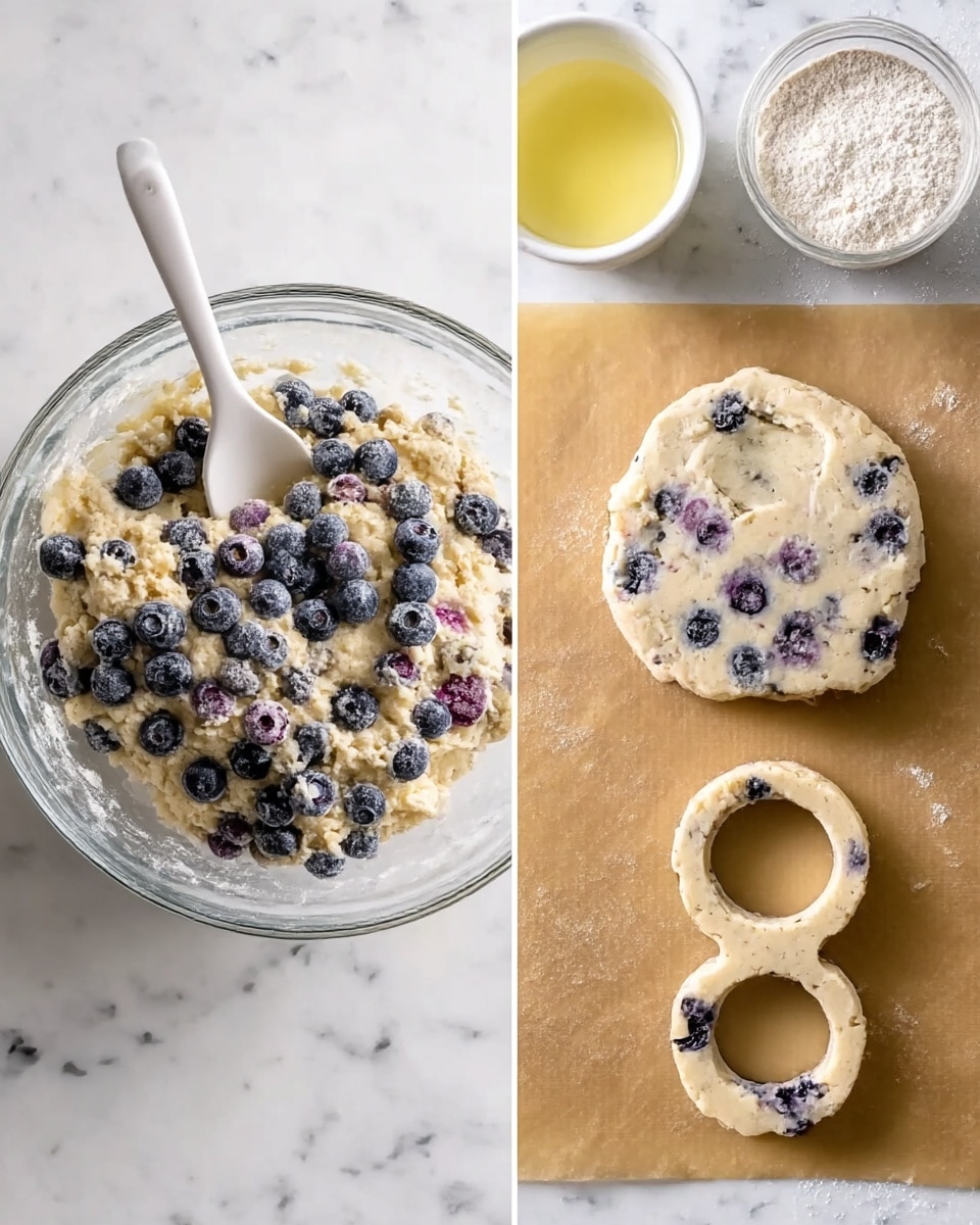 The image on the left shows a glass bowl with a thick dough mix layered with numerous small blue and purple frozen blueberries sitting on top, a white spoon is partially immersed in the mixture, and the bowl rests on a white marbled surface with a small white bowl of powder and a clear container with a yellow liquid nearby. The image on the right shows a light beige dough with dark frozen blueberries inside, rolled out on brown parchment paper placed on a white marbled surface, with three round biscuit shapes cut out using a round cutter, one biscuit removed and placed below the dough, and the round cutter still pressing into the dough. Photo taken with an iphone --ar 4:5 --v 7