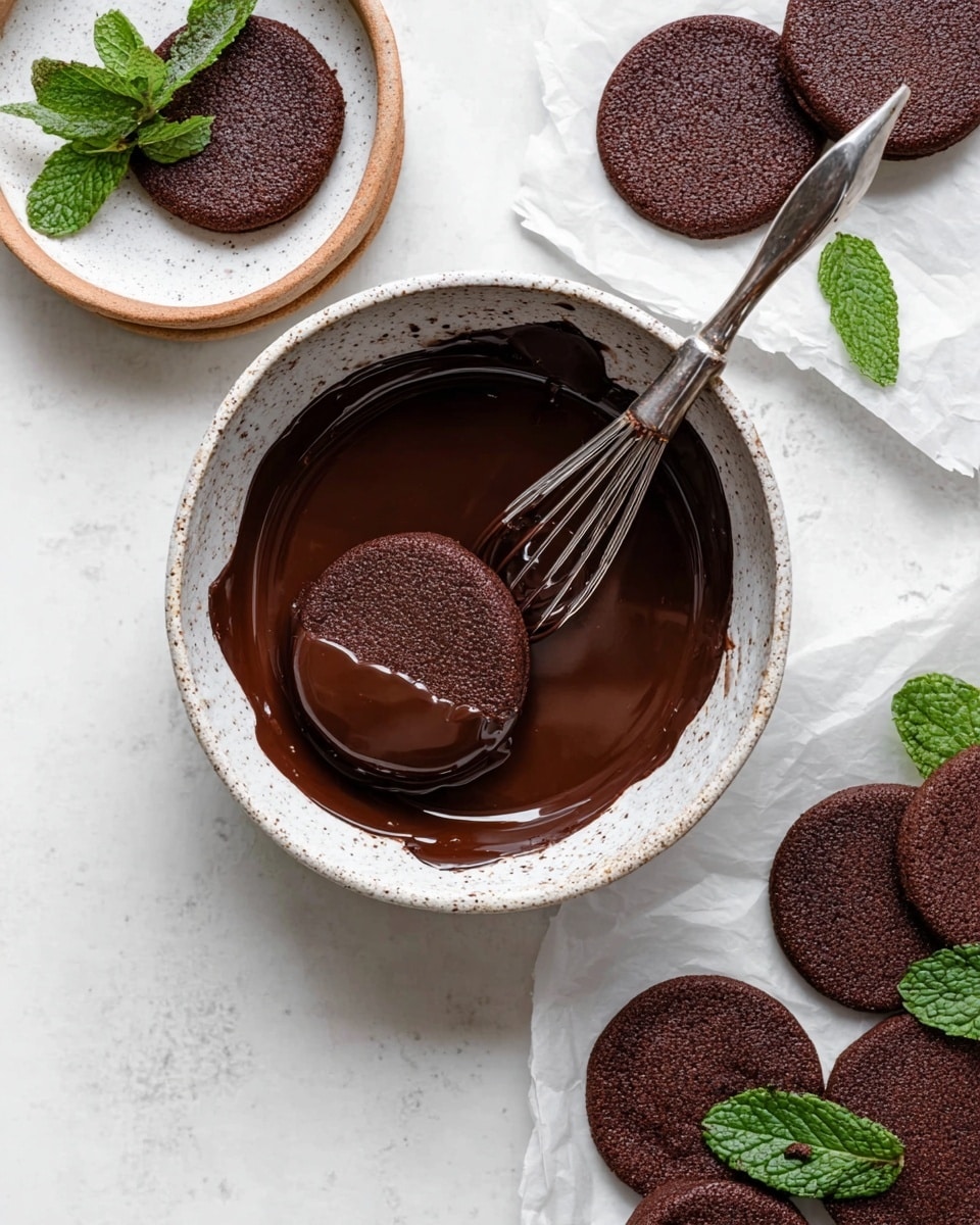 The image shows a white speckled bowl filled with shiny melted chocolate, with two dark brown round cookies partially dipped and resting on the surface. A small metal whisk with a silver handle sits dipped in the chocolate. Around the bowl, there are three small white plates each holding dark brown round cookies, with one plate garnished with fresh green mint leaves. To the side, more cookies are cooling on a sheet of white parchment paper. The whole setup is on a surface with a white marbled texture. photo taken with an iphone --ar 4:5 --v 7