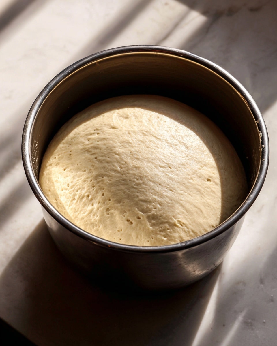 The image shows a smooth, pale dough that has risen well and filled a shiny silver metal bowl. The dough is round and soft, sitting evenly inside the bowl with small dimples on its surface. The bowl is placed on a white marbled surface, and soft natural light casts warm shadows across the dough and the inside of the bowl, creating a cozy, fresh atmosphere. Photo taken with an iphone --ar 4:5 --v 7