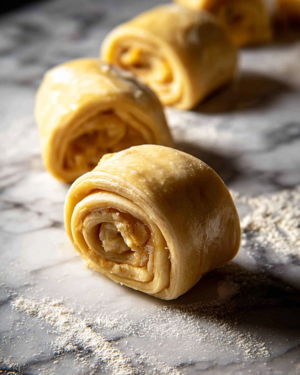 There are four pieces of dough rolls placed on a white marbled surface, with one dough roll in the front and the other three behind it in soft focus. Each dough roll is light yellow with a smooth texture on the outside and has thin layers visible inside, filled with small bits of cheese, creating a spiral shape. The surface has some scattered flour dust around the rolls. The lighting is warm, highlighting the front dough roll's soft and slightly shiny surface photo taken with an iphone --ar 4:5 --v 7