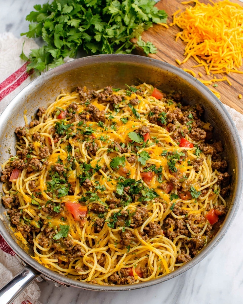 A metal pan filled with three main layers: a base of light yellow spaghetti noodles mixed with browned ground meat and small red tomato pieces, a melted layer of orange cheese scattered unevenly throughout, and a topping of fresh green cilantro leaves. The pan sits on a white marbled surface with shredded orange cheese and a bunch of green cilantro on a wooden cutting board slightly blurred in the background. photo taken with an iphone --ar 4:5 --v 7