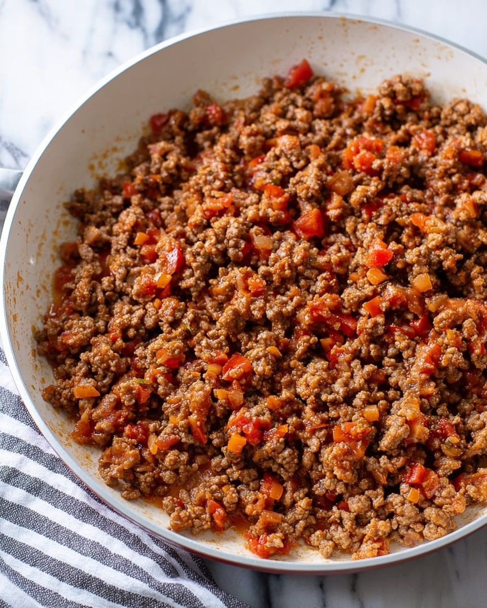 The image shows a white pan filled with cooked ground meat mixed with small pieces of diced red tomatoes and orange bits, all evenly distributed. The texture looks soft and crumbly, with a glossy finish from the cooking juices. The pan rests on a surface with a white marbled texture, and a striped cloth is partially visible in the background. Photo taken with an iphone --ar 4:5 --v 7
