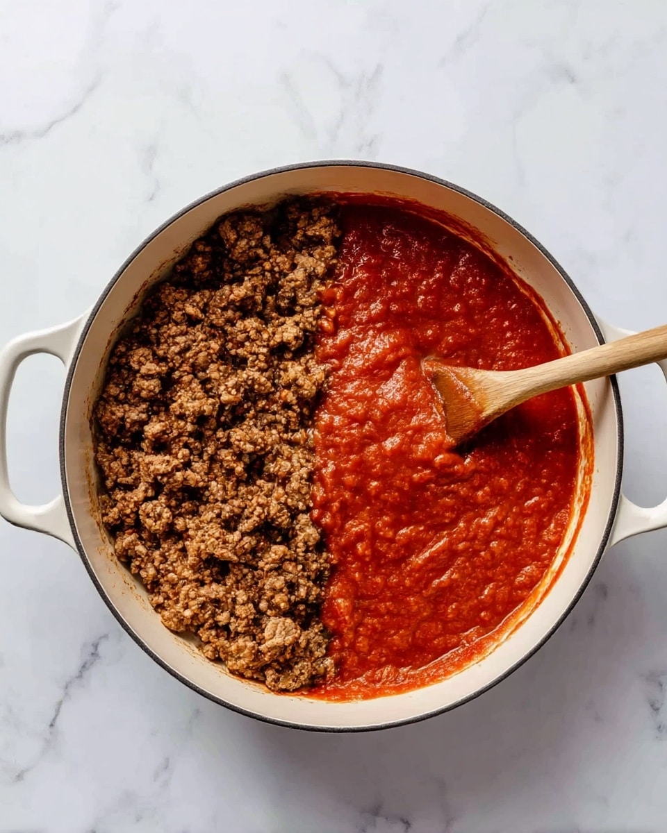The image shows a round white pot with two handles, placed on a white marbled surface. Inside the pot, on the left side, there is a layer of cooked ground meat with a brown color and crumbly texture. On the right side, there is a smooth, thick red tomato sauce partially covering the meat. In the second part of the image, a wooden spoon is stirring the sauce and meat together, creating a mixed layer with a textured surface where red sauce and brown meat blend. Photo taken with an iphone --ar 4:5 --v 7