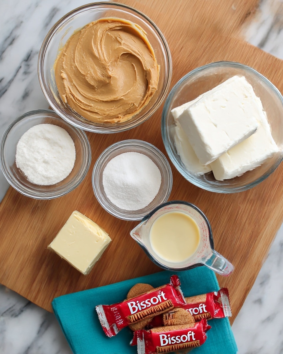 The image shows a wooden cutting board with several clear glass bowls and a measuring cup holding baking ingredients. There is one bowl filled with smooth, light brown peanut butter, another large bowl with two thick blocks of white cream cheese, and a smaller bowl filled with white sugar. Next to these, there is a small square piece of pale yellow butter, a clear measuring cup holding a creamy white liquid, and four individually wrapped Biscoff cookies with red labels placed together. A teal cloth is partially visible under the bowls. The photo is taken from above on a white marbled surface. Photo taken with an iphone --ar 4:5 --v 7