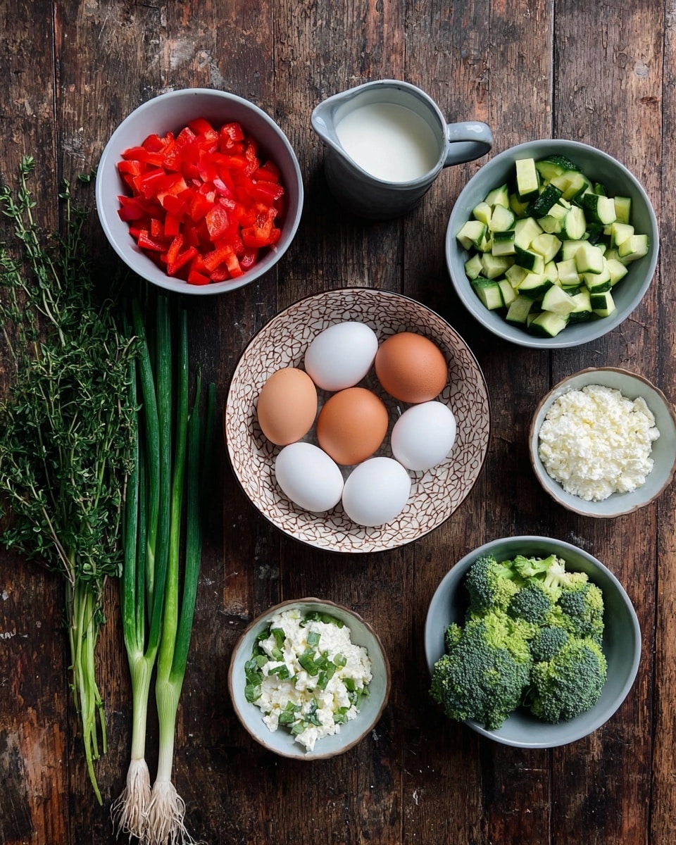 The image shows a flat layout of cooking ingredients on a dark wood surface. There are five white bowls filled with diced red bell peppers, chopped green zucchini, broccoli florets, white cottage cheese, and a small amount of milk in a tiny white pitcher. At the center, a round bowl with a brown and beige pattern holds six eggs in two colors: three brown and three white. To the left of the bowls, fresh green herbs including parsley, thyme, and two stalks of green onions are placed side by side. The scene is neat with vibrant natural colors contrasting the rustic wood, all arranged gently and evenly spaced. Photo taken with an iphone --ar 4:5 --v 7