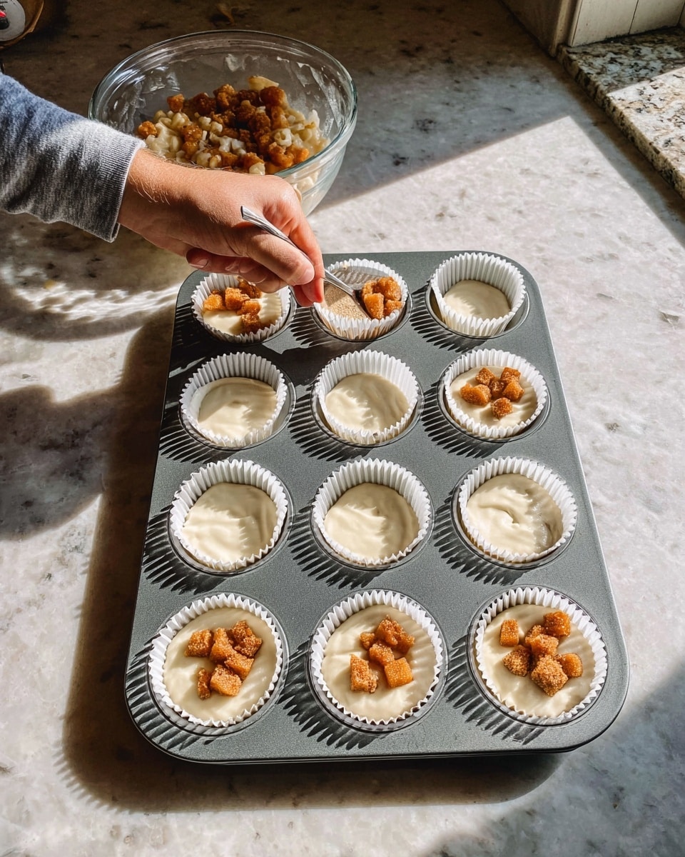 A metal muffin tray holds twelve white paper liners filled halfway with smooth, creamy pale batter. Some liners are topped with small, brown, cooked fruit cubes, possibly cinnamon-spiced. A woman's hand is holding a spoon, placing the fruit cubes onto one of the liners filled with batter. The tray sits on a white marbled countertop with sunlight casting soft shadows. To the left is a glass bowl with more of the cooked fruit cubes visible inside. Part of the woman's grey shirt can be seen at the bottom edge of the image. Photo taken with an iphone --ar 4:5 --v 7
