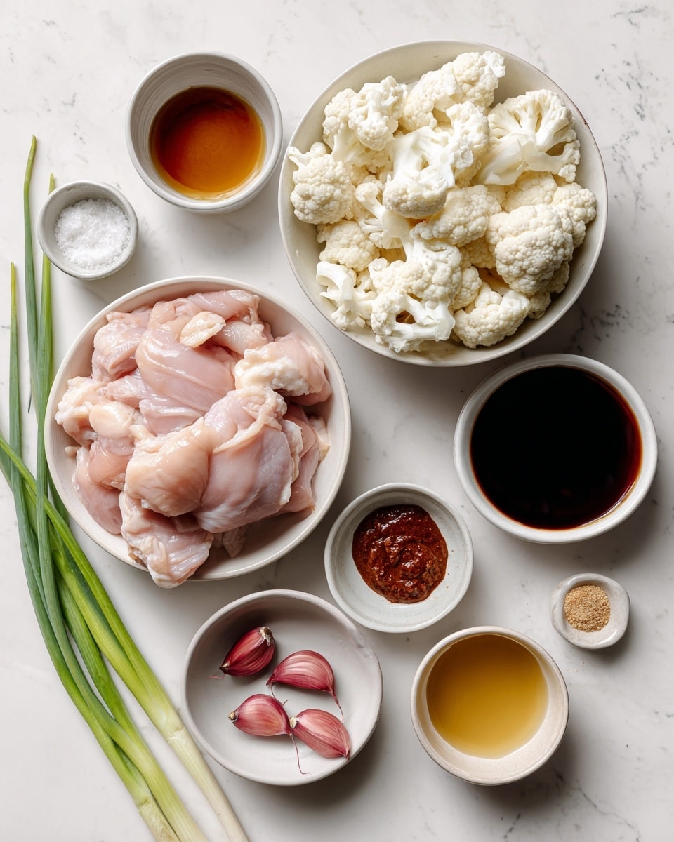 The image shows several white bowls and a few green scallions arranged on a white marbled surface. In the center is a white bowl filled with pale pink raw chicken thighs, with smooth and slightly shiny texture, loosely piled in layers. To the top right is a larger white bowl full of white cauliflower florets, showing rough, bumpy textures and different sizes. Surrounding these main bowls are smaller white bowls containing dark brown soy sauce with a shiny surface, a thick reddish-brown olive oil-based paste with a matte finish, a light golden toasted sesame oil with a smooth liquid surface, light amber hot honey with a slight gloss, white kosher salt crystals, a small amount of light brown miso paste, and several small reddish shallots with papery skin resting in a white bowl. Three fresh green scallions are laid to the left, their smooth and long stems contrasting with the softer, round shapes of the other ingredients. photo taken with an iphone --ar 4:5 --v 7