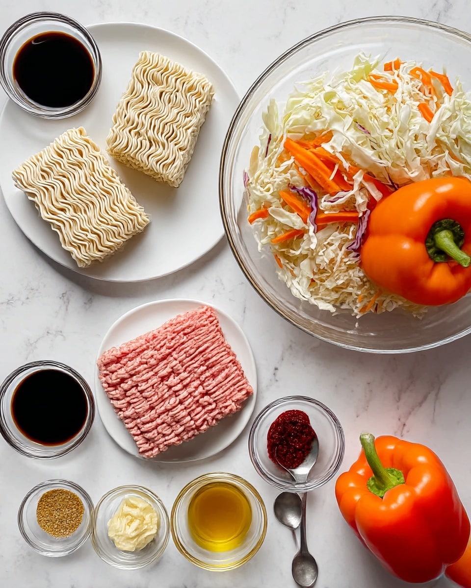 The image shows a top-down view of ingredients arranged on a white marbled surface. There are two white plates, one holding three blocks of uncooked instant noodles with a light beige color and a wavy texture, and the other holding a pile of raw ground meat with thin pink strands lined up. A large clear bowl contains a mixture of shredded vegetables including white cabbage, orange carrots, and bits of purple cabbage. Nearby, two whole bell peppers rest side by side, one bright red and the other orange, both with smooth shiny skins and green stems. There are five small clear glass bowls, each filled with different liquids or chopped ingredients: one with a dark soy sauce, one with a golden yellow oil, one with a pale yellow liquid, one with minced garlic, and one with a light amber sauce. Lastly, two metal measuring spoons contain one tablespoon of a yellow paste and one teaspoon of a dark red paste. The whole setup is brightly lit, showing clear textures and colors photo taken with an iphone --ar 4:5 --v 7