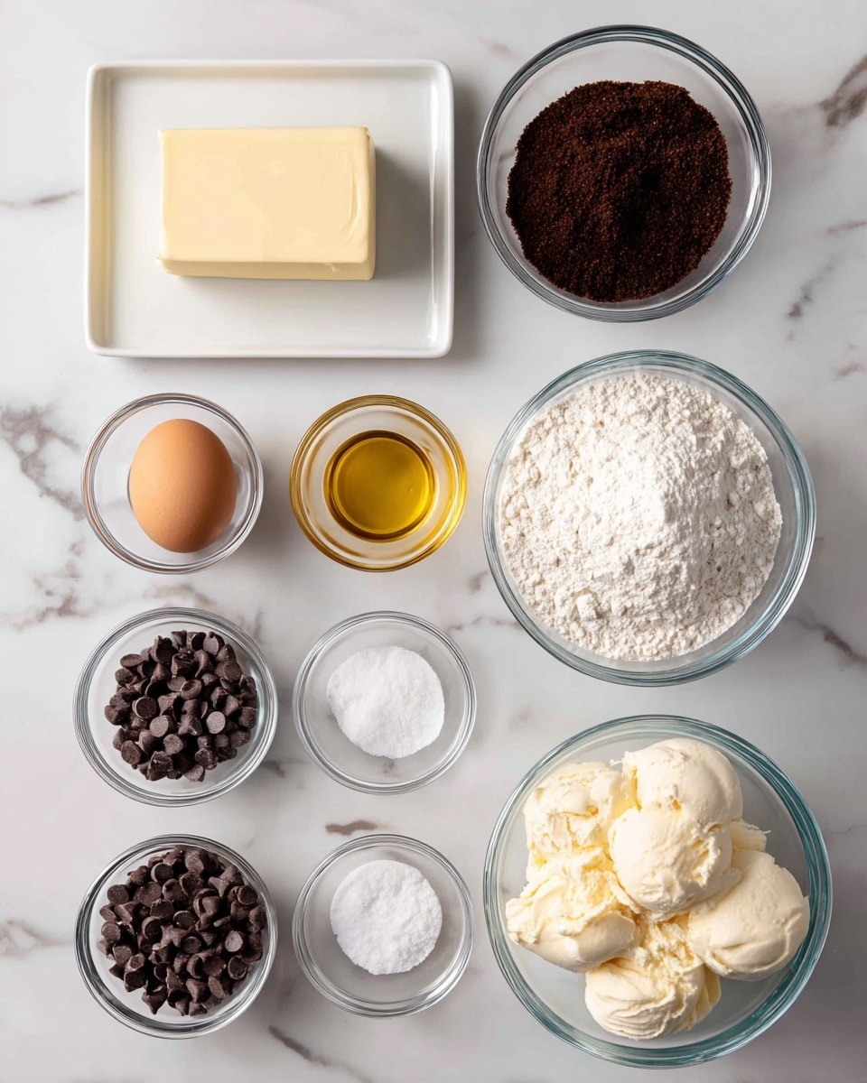 The image shows several clear glass bowls and a white square plate arranged neatly on a white marbled surface. At the top left, a rectangular block of butter sits on the white plate. To the right, a glass bowl is filled with dark brown sugar, showing a crumbly texture. Below the butter, a small glass bowl contains light yellow vanilla extract, with a single brown egg in the next glass bowl to its right. Further right, a larger glass bowl is full of white flour, with a rough powdery texture. Below these, three small glass bowls contain white baking powder, white salt, and white baking soda, respectively. At the bottom left, a medium glass bowl is filled with dark brown chocolate chips, and to its right, a glass filled with creamy vanilla ice cream with a smooth texture is placed. All items are set clearly against the white marbled background, with labels in black text identifying each ingredient photo taken with an iphone --ar 4:5 --v 7