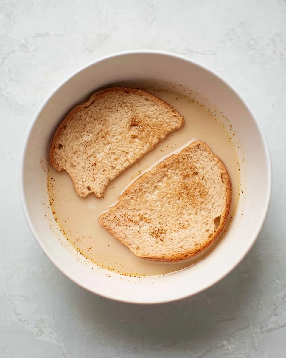 A white bowl sits on a white marbled surface containing two slices of light brown bread partially soaked in a light beige liquid with small specks of cinnamon or spice visible. The bread slices lay flat inside the bowl, their edges slightly softened from absorbing the liquid, creating a smooth texture on top. The liquid surrounds the bread evenly, filling the bowl halfway. photo taken with an iphone --ar 4:5 --v 7