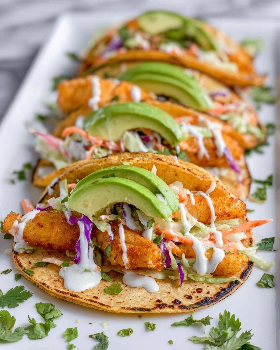 The image shows three tacos arranged in a row on a white rectangular plate placed on a white marbled surface. Each taco has a warm, slightly charred corn tortilla base with a golden, crispy fried fish layer that is slightly curved and covers most of the taco. On top, there is a colorful mix of shredded cabbage, thin slices of purple onion, and shredded carrots, adding a fresh and crunchy texture. A creamy white sauce is drizzled over the fish and vegetables in irregular lines. Each taco is finished with a thick slice of green avocado and a small sprig of fresh cilantro for garnish. Some chopped cilantro is scattered around the plate and surface. The photo taken with an iphone --ar 4:5 --v 7