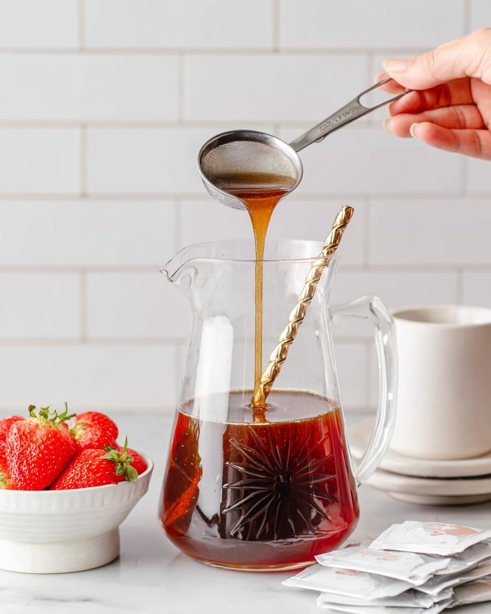 A clear glass pitcher with a star-shaped pattern near the bottom is filled with a dark amber liquid. A woman's hand is holding a metal measuring spoon above the pitcher, pouring a thick, dark syrup into the liquid. Inside the pitcher, there is a long, twisted metal spoon resting against the side. The pitcher is placed on a white marbled surface, with a white bowl of fresh red strawberries to the left and some wrapped white packets lying on a white dish to the right. The background is a tiled white wall. photo taken with an iphone --ar 4:5 --v 7
