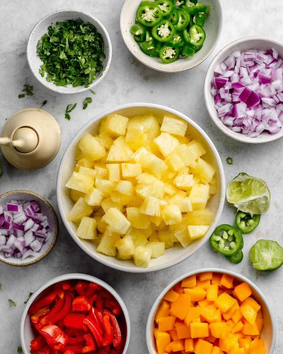 This image shows several white bowls on a white marbled surface, each filled with different diced ingredients. The largest bowl in the center contains pale yellow chopped pineapple. To the top right, a white bowl is full of diced bright orange mango. Around these, smaller white bowls hold diced red bell peppers, finely chopped purple onions, and small pieces of green jalapeño peppers. A small white bowl near the top left holds fresh, finely chopped green cilantro. There is also a beige lime juicer with a squeezed lime half beside it, and two more lime halves and sliced jalapeño peppers scattered on the surface. Photo taken with an iphone --ar 4:5 --v 7