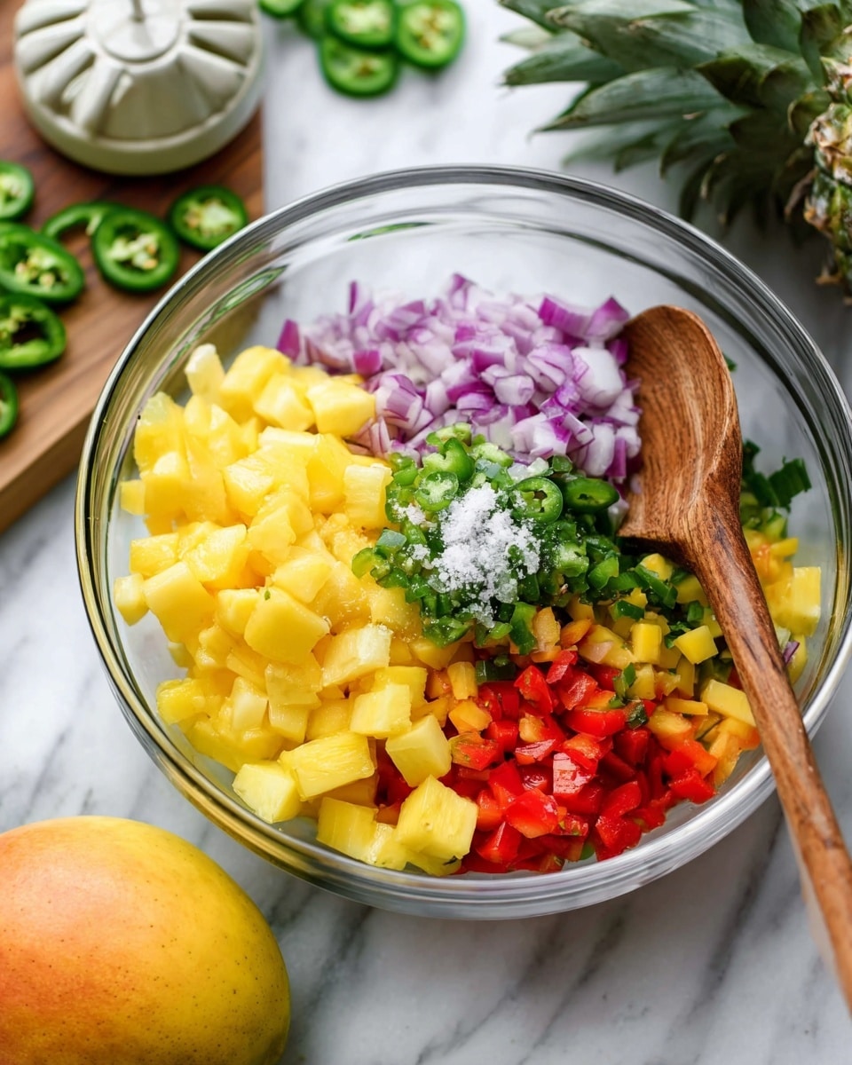 A clear glass bowl filled with five distinct layers of colorful diced ingredients: bright yellow pineapple chunks at the bottom, next to vibrant yellow mango cubes at the top right, finely chopped red bell peppers to the far right center, chopped purple onions in the top left quadrant, and finely chopped green jalapeño peppers with a sprinkle of white salt in the middle. A wooden spoon rests on the left side of the bowl. The bowl is on a white marbled surface surrounded by a mango in the front and a ceramic juice squeezer on the left. Some green jalapeño slices and a partially visible pineapple with its green leaves are in the blurred background. Photo taken with an iphone --ar 4:5 --v 7