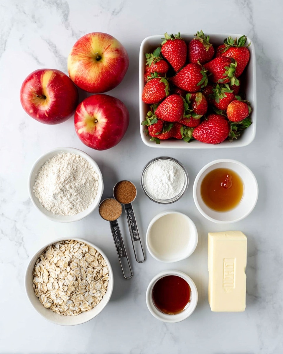 The image shows a flat lay of ingredients on a white marbled surface. There are three red apples with yellow patches placed near the left side. To the right, a white square bowl is filled with fresh red strawberries with green leaves. Below the apples are two metal measuring spoons, one with a small amount of a fine white powder, and the other with brown powder. Next to the spoons are small clear round bowls of light beige rolled oats and white flour. On the right side, there are three small white round bowls, one with a pale yellow liquid, one with a dark amber liquid, and one with white flour. A small rectangular stick of butter with markings is placed near the bowls. The layout is neat and ingredients are clearly visible. Photo taken with an iphone --ar 4:5 --v 7
