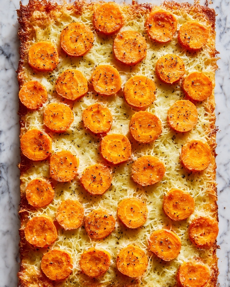 A flat, rectangular piece of baked cheese forms the base layer, slightly browned and crispy at the edges with a delicate lace pattern where the cheese has melted thin. On top, there are evenly spaced round orange carrot slices arranged in a grid pattern, each carrot slice showing a soft texture with tiny spots of black pepper sprinkled across for seasoning. The background is a white marbled surface, highlighting the golden and orange colors of the dish. photo taken with an iphone --ar 4:5 --v 7