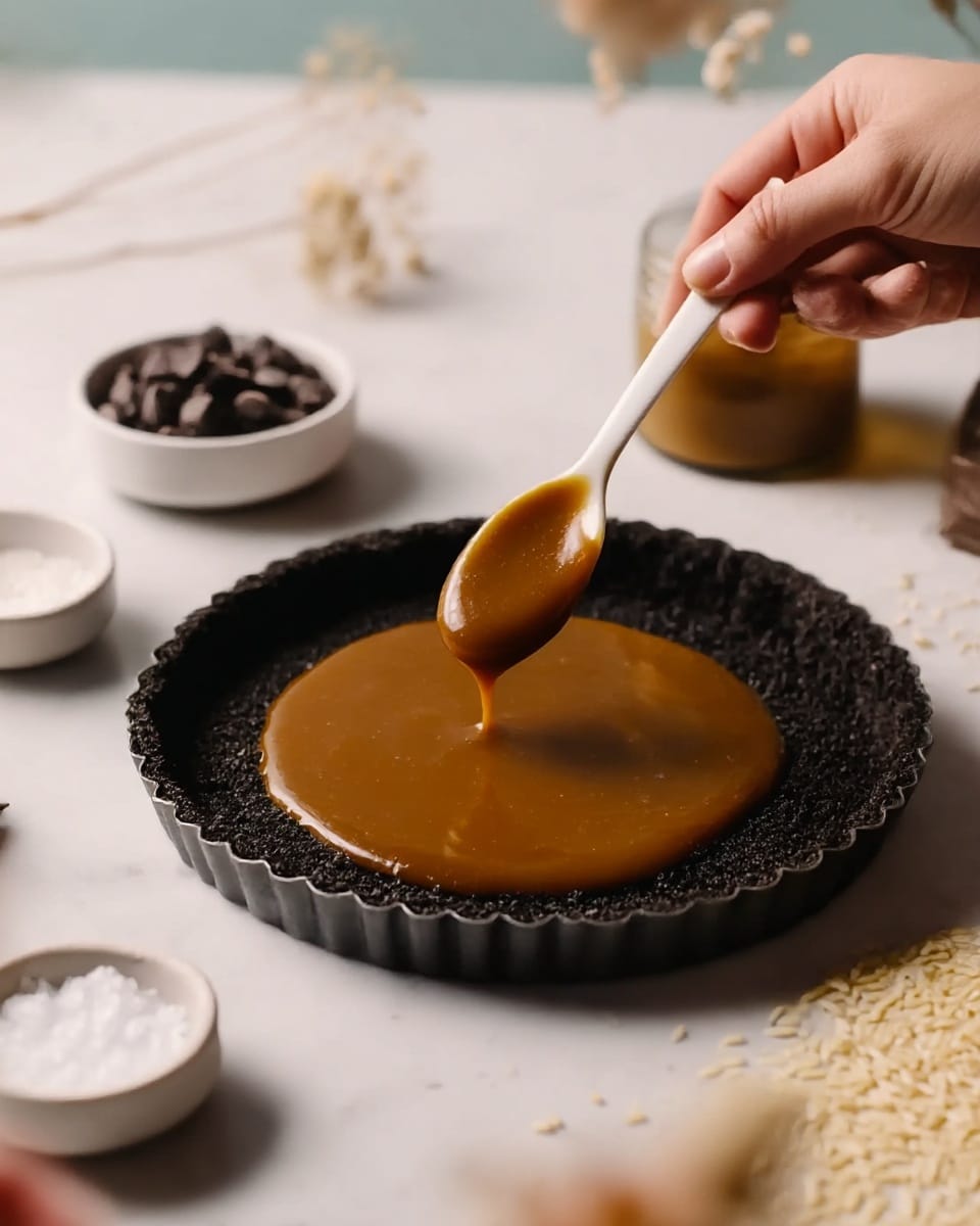 A woman's hand is holding a white spoon, spreading a shiny, smooth caramel-colored layer over a very dark, crumbly base inside a dark tart pan with fluted edges. The tart is placed on a white marbled surface with scattered rice grains nearby. Around the tart, there are small white bowls, one with dark chocolate chips and another with coarse salt. Some light dried flowers are blurred in the background, adding a soft touch. The scene is bright and clean, focusing on the action of spreading the caramel layer. photo taken with an iphone --ar 4:5 --v 7