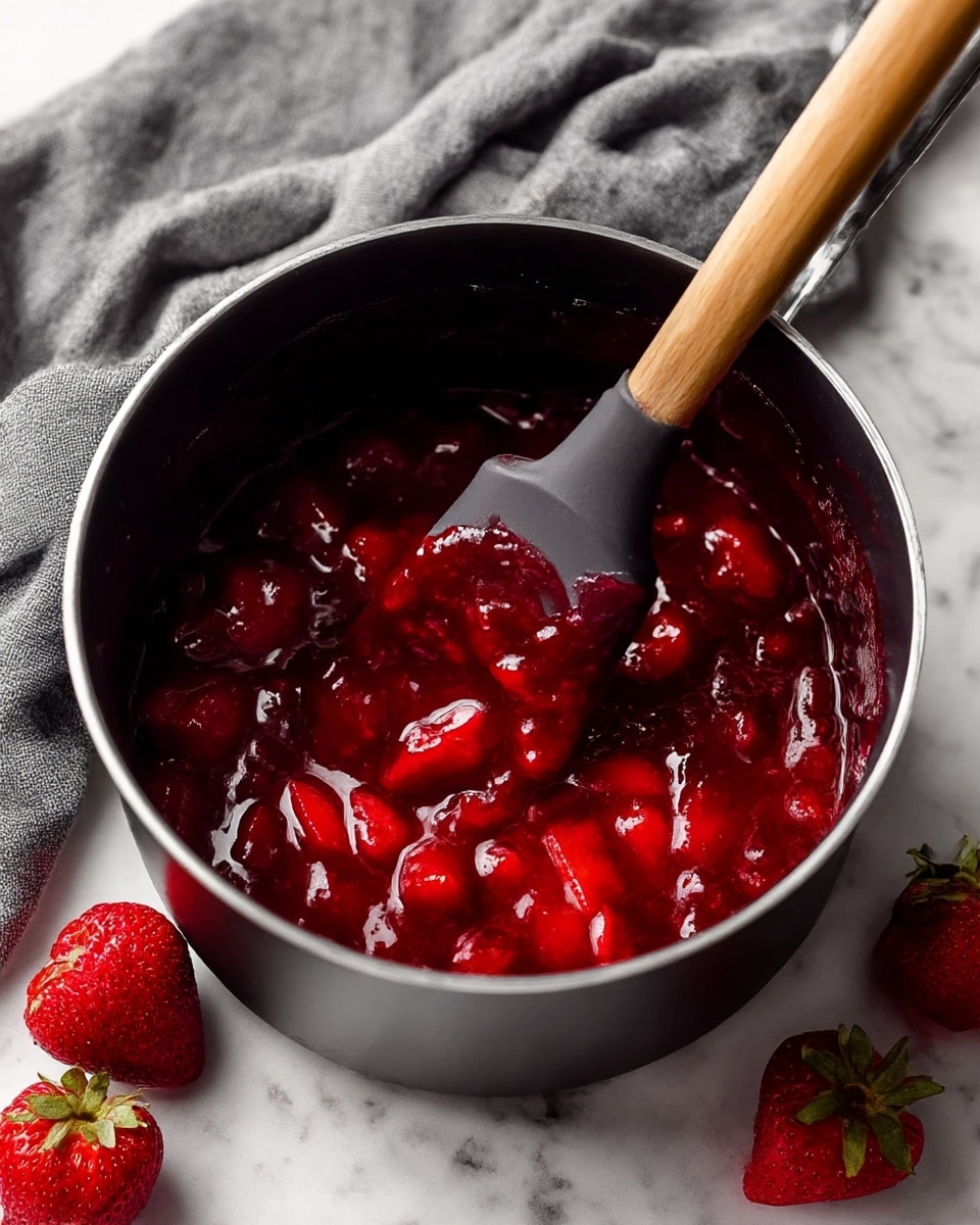 A black pot filled with glossy, bright red strawberry sauce mixed with chunks of strawberries, showing a thick and shiny texture. A spatula with a wooden handle and dark silicone head is partially dipped in the sauce, lifting some. Around the pot on a white marbled surface are several whole fresh strawberries with green tops. A gray cloth is loosely placed behind the pot, adding a soft texture to the background. Photo taken with an iphone --ar 4:5 --v 7