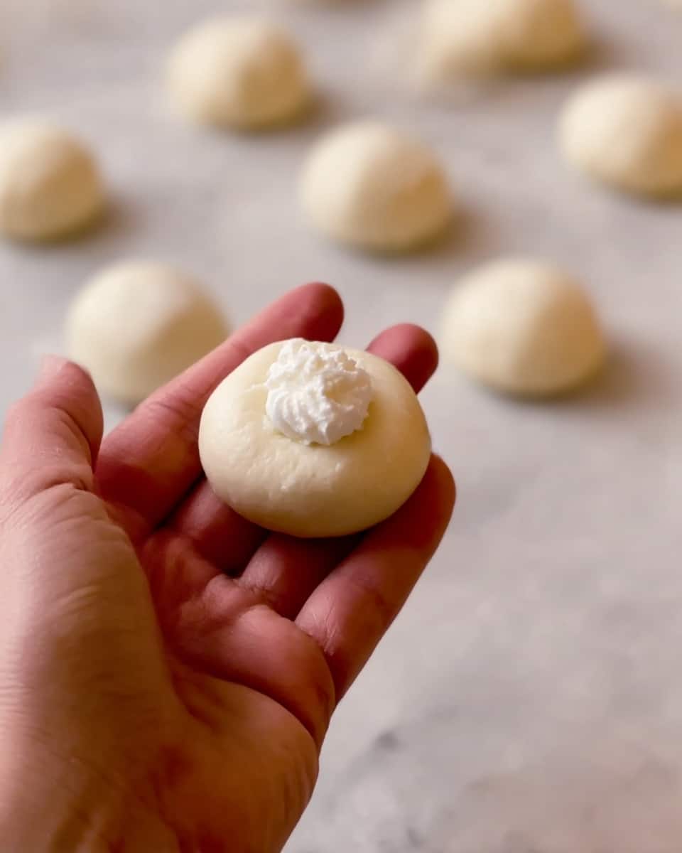 A woman's hand holds a small, round piece of pale dough, soft and smooth in texture, with a dollop of white creamy filling resting in the center of the dough. In the background, multiple similar dough pieces are placed evenly on a white marbled surface, each appearing uniform in size and shape. The overall setting shows a close-up view focusing on the dough and filling in the woman's hand. photo taken with an iphone --ar 4:5 --v 7