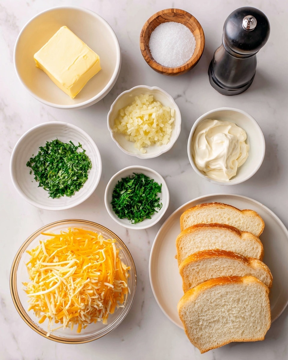 The image shows ingredients arranged neatly on a white marbled surface. There is a small white bowl with soft yellow butter in the top left, a round wooden salt container filled with white salt above the center, and a black pepper grinder standing upright to the right. Below the butter is a small white bowl filled with finely chopped pale yellow garlic, next to it is another small white bowl filled with bright green chopped parsley, and to the right is a small white bowl with creamy white mayonnaise. At the bottom left, a clear glass bowl holds a mix of freshly shredded cheddar and mozzarella cheese in pale yellow and orange shades. To the right, four slices of light golden brown bread with a soft texture are stacked on a white plate. Photo taken with an iphone --ar 4:5 --v 7