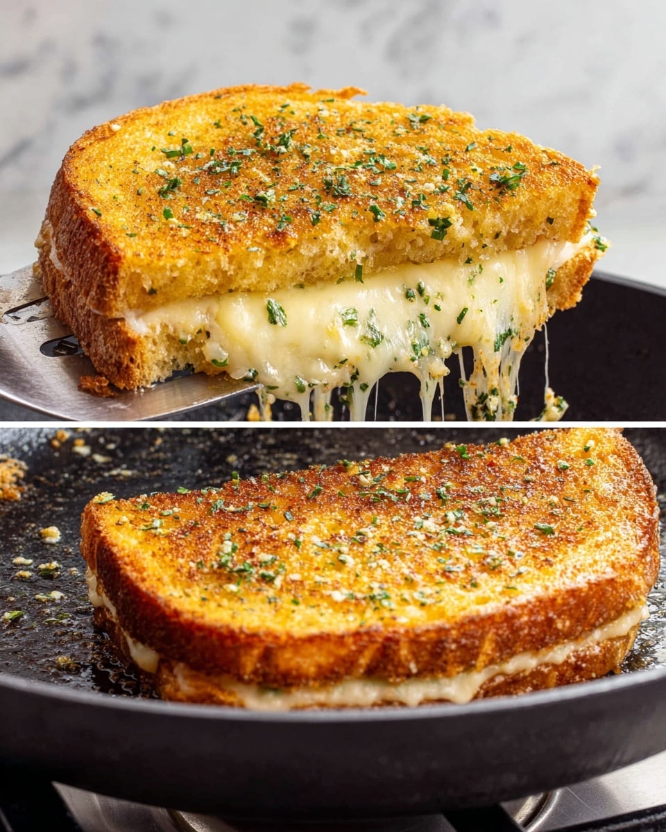 A golden brown grilled sandwich is cooking in a black pan, sprinkled with small green herb pieces on the top toasted layer. The sandwich has two layers of thick white bread with melted yellow and white cheese oozing slightly from the sides. In the left part of the image, a silver spatula is lifting the sandwich from the pan, showing the crispy, textured surface of the bread, while the pan rests on a stove. The background and surface show a white marbled texture. photo taken with an iphone --ar 4:5 --v 7