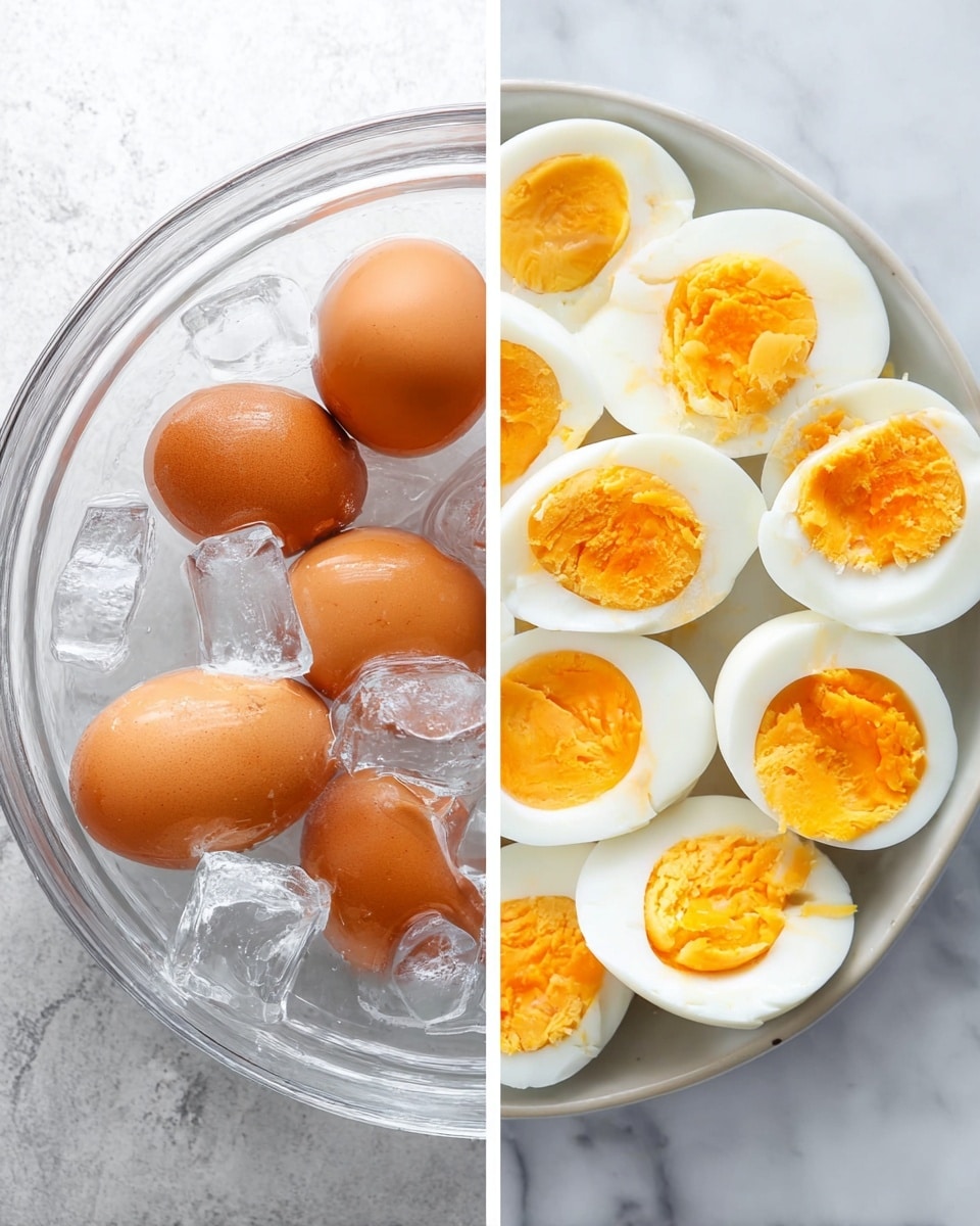 The image shows two scenes side by side. On the left, there is a clear glass bowl filled with brown eggs surrounded by clear ice cubes and water that partly cover the eggs, creating a shiny and wet texture. On the right, a white plate holds several hard-boiled eggs cut in half, each showing a smooth white outer layer and bright yellow yolks with a soft, slightly crumbly texture inside. The eggs are arranged randomly on the plate, placed on a white marbled surface. photo taken with an iphone --ar 4:5 --v 7