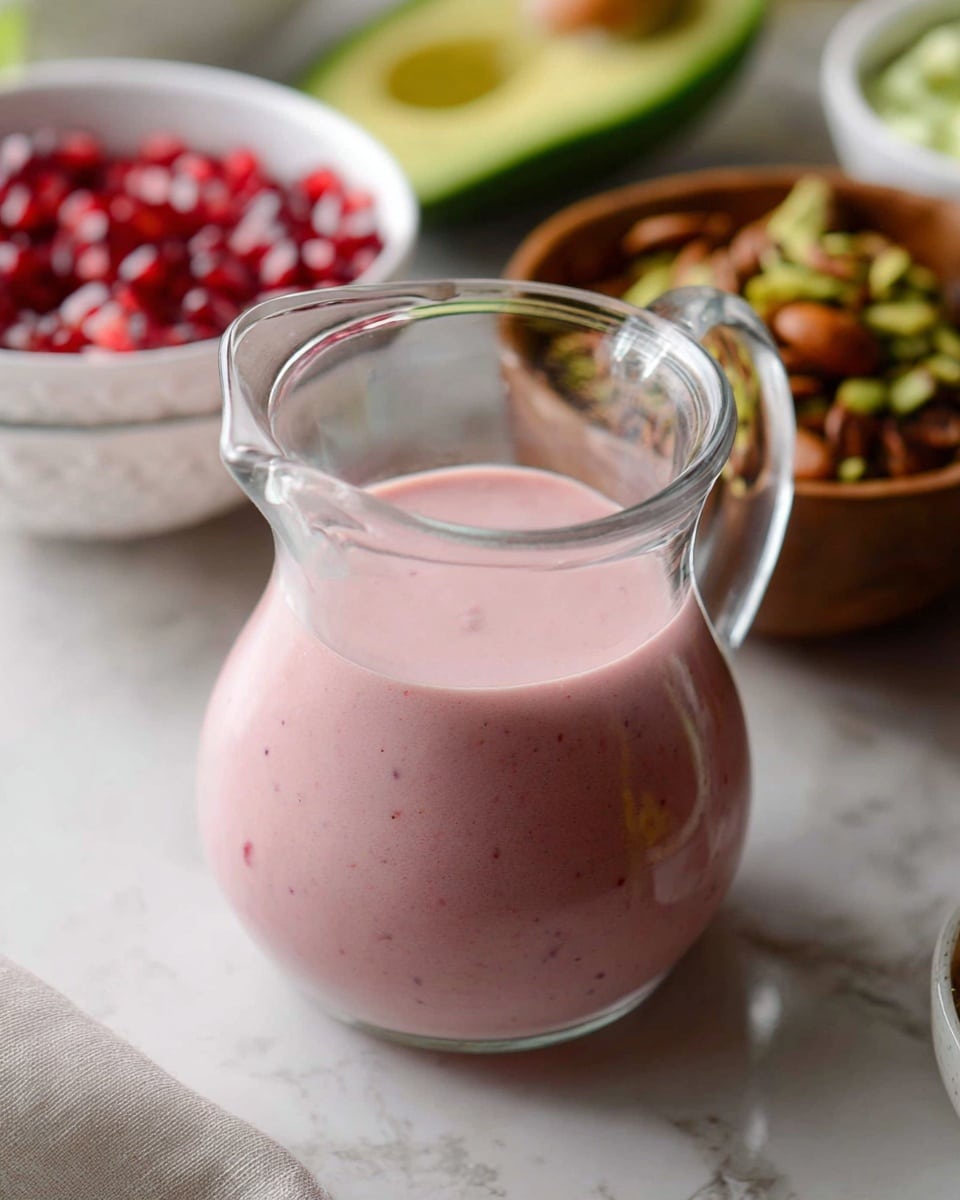 A clear glass pitcher filled with a smooth pink sauce or dressing takes the center of the image. The sauce has a light, creamy texture with small tiny darker specks inside. Around the pitcher are blurred elements including a halved avocado with dark green skin and light green flesh, a white bowl with red pomegranate seeds, and a wooden bowl with toasted brown nuts or seeds. The surface they rest on is a white marbled texture, creating a clean and bright look. The photo looks fresh and natural, taken with an iphone --ar 4:5 --v 7