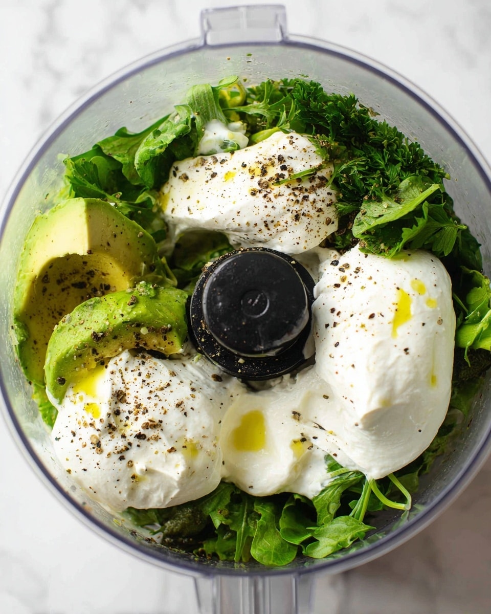 Inside a clear food processor bowl, there are several layers of fresh green herbs and leafy greens at the bottom, including parsley and basil. On top of these greens are soft, creamy white dollops of thick yogurt or sour cream that spread gently over the leaves. Bright green avocado chunks are nestled beside the dairy, with a drizzle of yellow olive oil visible on top. The creamy layers are sprinkled with coarse black pepper, adding dark specks across the white. The center of the bowl features a black plastic part of the food processor that contrasts with the fresh ingredients around it. The background is a white marbled texture photo taken with an iphone --ar 4:5 --v 7