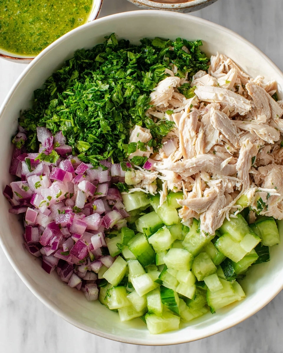 A white bowl with four neat sections of ingredients sitting side by side: large pieces of light beige shredded chicken on the right, bright green chopped cucumbers on the bottom left, finely diced purple-red onions in the middle-left, and vibrant dark green chopped parsley on the upper left. The bowl rests on a white marbled surface, with a partial view of another bowl containing a green sauce in the background. photo taken with an iphone --ar 4:5 --v 7