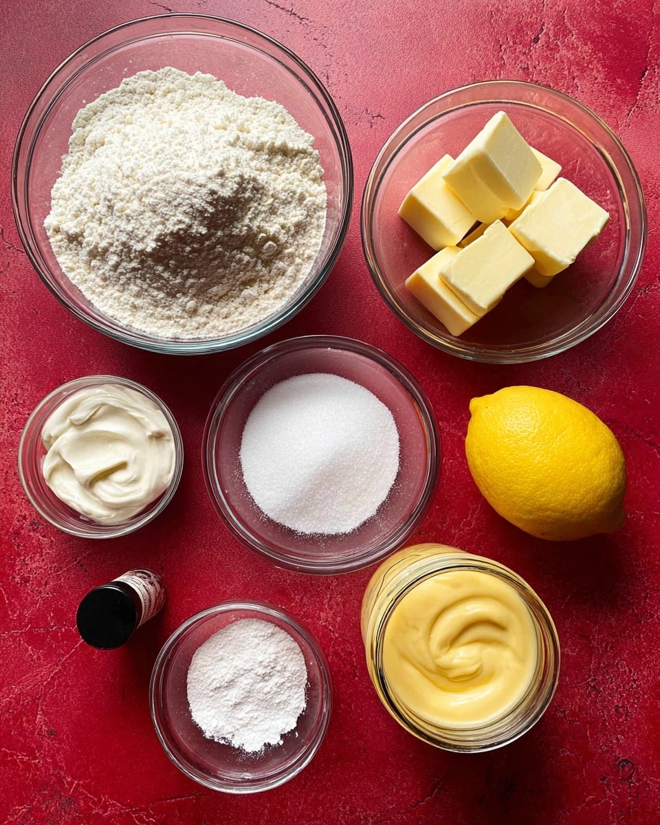 The image shows seven small glass bowls and one brown egg arranged on a red textured surface. The largest bowl contains white flour with a slightly uneven surface, placed at the top left. Next to it on the right, a smaller bowl holds several cubes of pale yellow butter. Below these, a medium bowl filled with white granulated sugar sits near the center. To the right of the sugar, there is a whole bright yellow lemon. Below the flour bowl, a small bowl contains white cream. To the bottom left of the egg, a tiny dark bottle with a black cap is lying on the surface. Near the bottom center, a small glass bowl has three white powdery ingredients placed side by side. Finally, a jar with smooth, creamy yellow lemon curd is positioned to the right of the egg, completing the neat arrangement. photo taken with an iphone --ar 4:5 --v 7