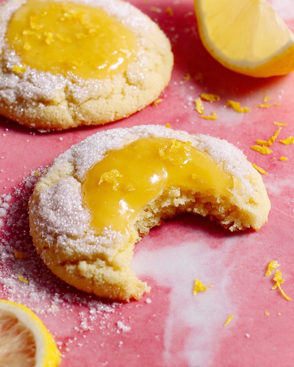 Two lemon cookies lie on a pink surface with a white marbled texture. Each cookie has two layers: a thick, soft-looking pale yellow base covered by a shiny, smooth lemon-yellow glaze in the center. The cookies are dusted with powdery white sugar that also scatters around them. One cookie has a bite taken out of it, showing its crumbly texture. There are small pieces of lemon zest on and near the cookies, and a lemon wedge rests nearby. Photo taken with an iphone --ar 4:5 --v 7