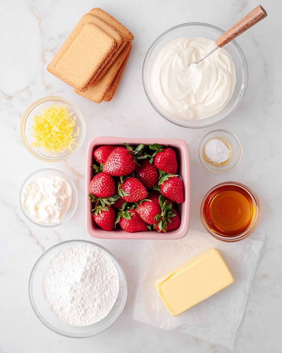 The image shows an overhead view of several clear glass bowls and containers with ingredients for a recipe, all placed on a white marbled surface. There is a square pink container filled with fresh red strawberries with green stems in the center. Around it, starting from the top left, there are five light brown rectangular biscuits stacked together, a small clear bowl with yellow lemon zest, a small glass container with pale yellow liquid and a wooden handle, a large clear bowl filled with white cream, a clear bowl with white thick cream, a small clear bowl with white powdered sugar, a clear bowl with orange-brown liquid, and a rectangular block of pale yellow butter on white parchment paper. Photo taken with an iphone --ar 4:5 --v 7