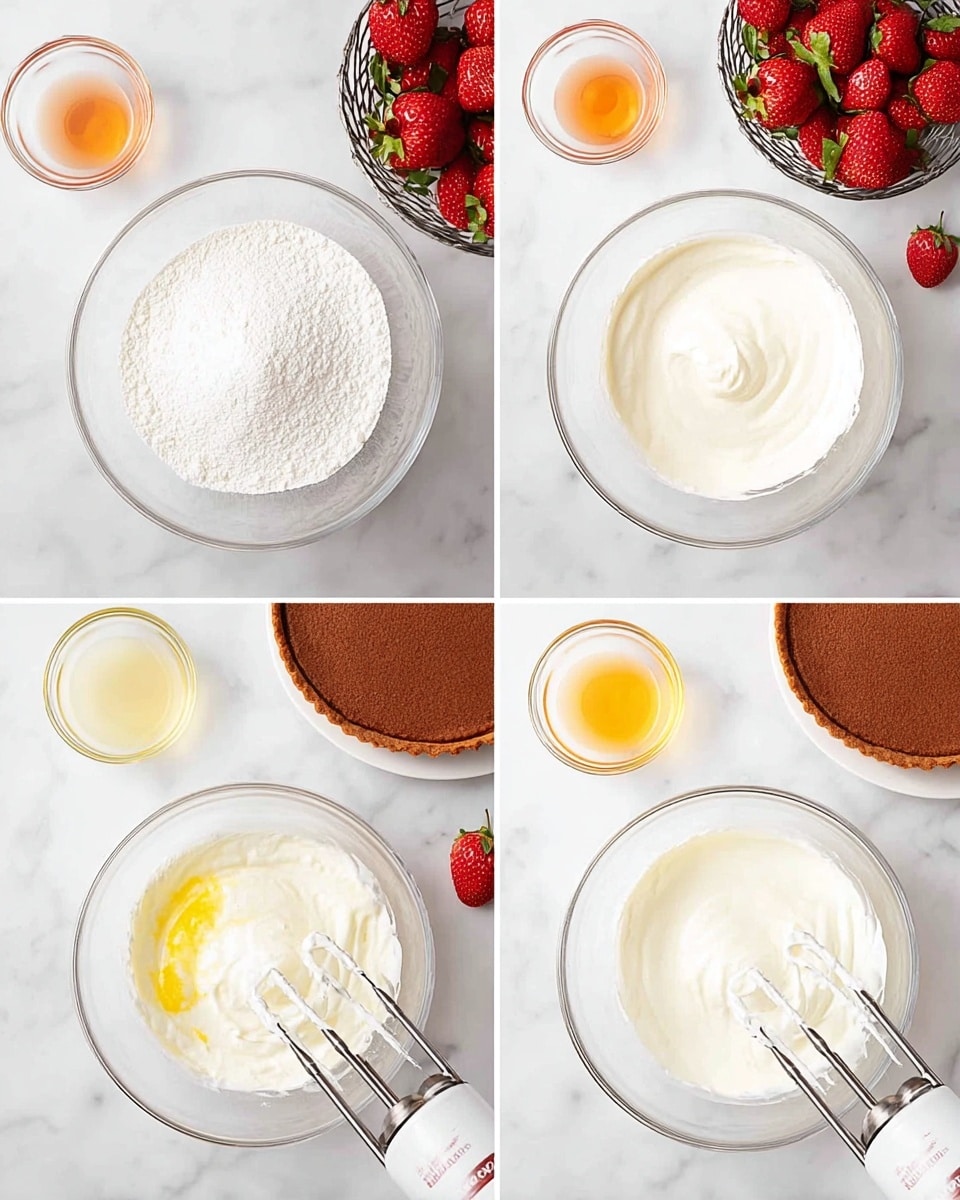 This image shows four steps of making a cream mixture on a white marbled surface. In each step, there is one clear glass bowl in the center with white powder turning into whipped cream. The top left shows the bowl filled with white powder. The top right shows the bowl with smooth white cream being mixed by a mixer with two beaters. The bottom left image has the bowl with cream and three liquid ingredients added on top: light cream, orange liquid, and small yellow zest. The bottom right shows the bowl again with the mixer beating the cream into a fluffy texture. Around the bowl, there is a white plate with a round brown crust tart, a basket with fresh strawberries, and three small clear glass bowls with light yellow, orange, and yellow ingredients. Photo taken with an iphone --ar 4:5 --v 7