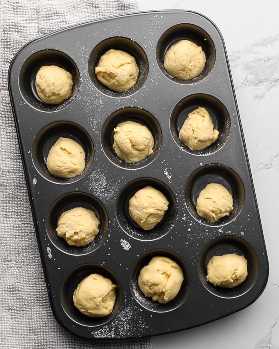A black metal muffin tray with 12 holes filled with pale yellow dough balls, each with a rough texture and slightly uneven shapes, sitting ready to be baked. The tray has small droplets of water on its surface, suggesting it was recently sprayed with oil or water. The tray is placed on a white marbled surface with a light gray textured cloth partially visible on the left side. The dough pieces vary slightly in size and shape, and they are centered in each round nook of the tray photo taken with an iphone --ar 4:5 --v 7