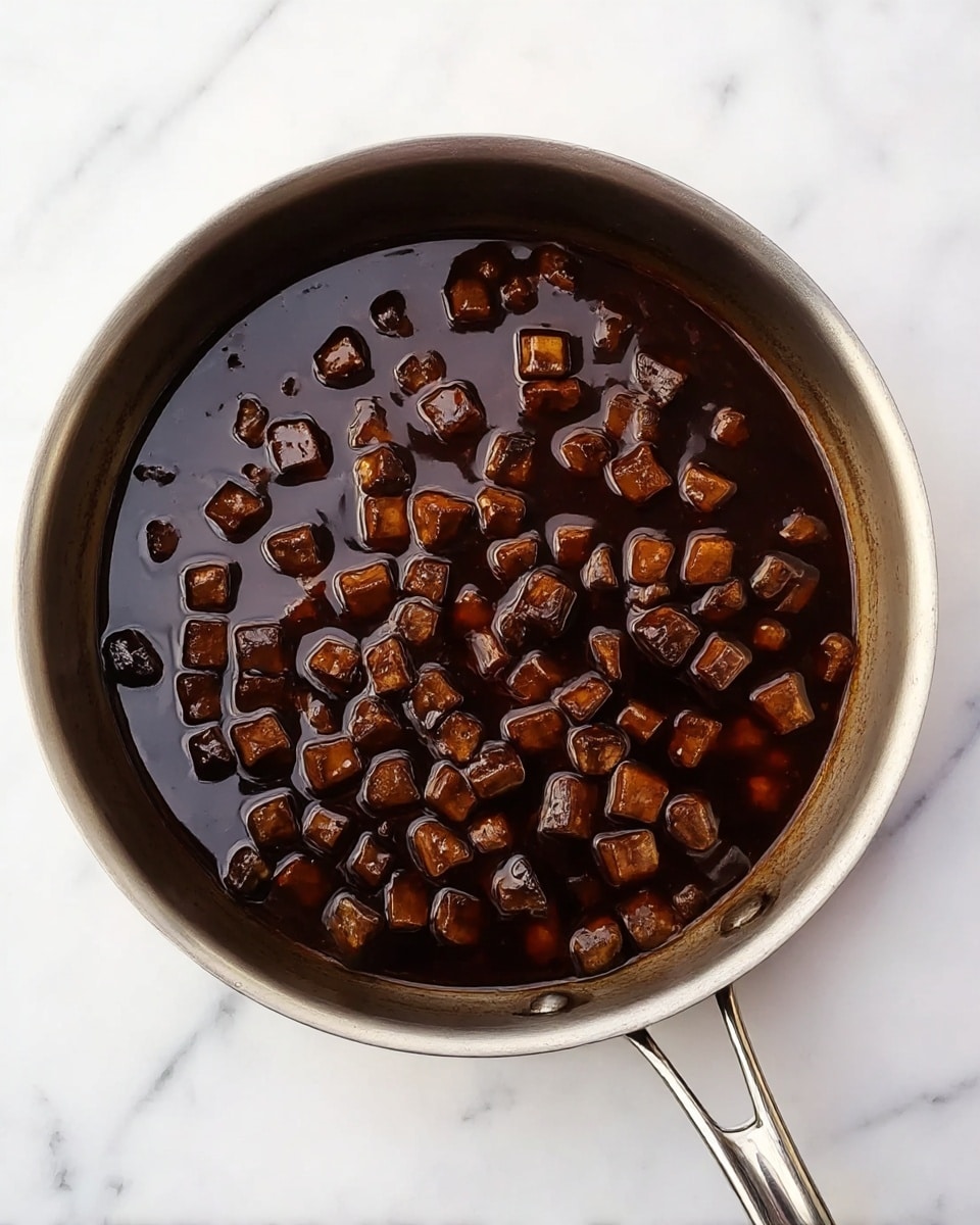 A metal saucepan filled with small, dark brown cubes and a glossy, thick dark sauce surrounding them. The cubes float evenly in the sauce, which has a shiny texture and a deep rich color. The pan rests on a white marbled surface, and the handle of the pan extends to the right side of the frame. The lighting highlights the mix of smooth sauce and tender pieces inside the pan. Photo taken with an iphone --ar 4:5 --v 7