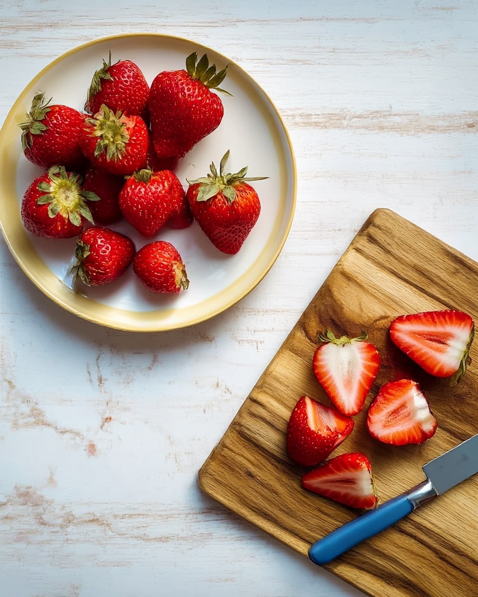 A white plate with a subtle yellow rim sits on a white marbled surface, holding ten whole red strawberries with green leafy tops. To the right, a wooden cutting board with a rich grain pattern holds several cut strawberry halves showing bright red and white interior. A small blue-handled knife with a silver blade rests diagonally on the cutting board next to the strawberry tops. photo taken with an iphone --ar 4:5 --v 7
