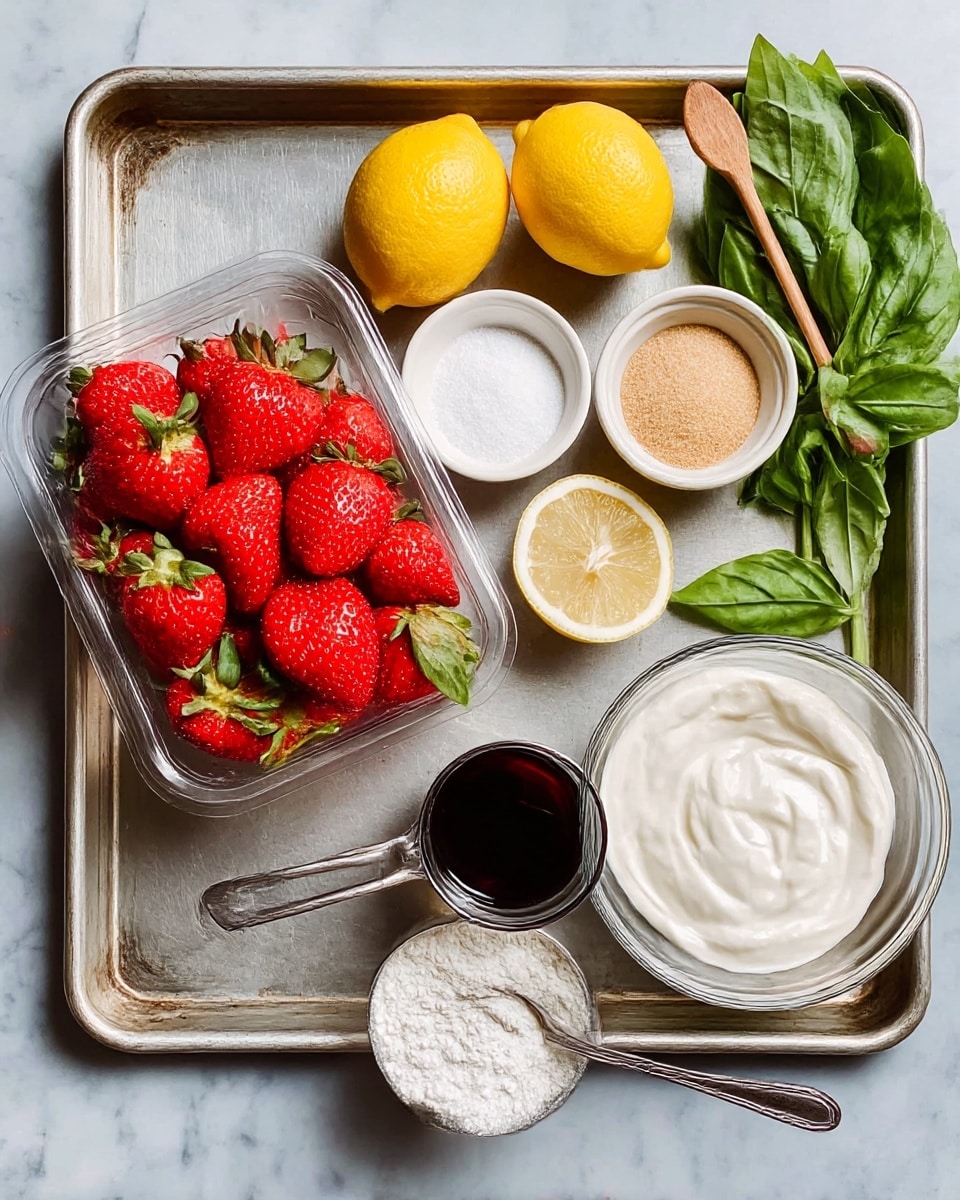 A metal tray on a white marbled surface holds a clear plastic container full of bright red strawberries with green leaves on the left, two yellow lemon halves placed next to the container near the top center, a small white bowl with light brown sugar and a wooden spoon on the top right, a bunch of green fresh basil leaves to the far right, a clear glass bowl with thick white yogurt and a silver spoon at the bottom right, a metal ⅓ cup measuring cup filled with white flour in the bottom center, and a metal ½ cup measuring cup filled with dark syrup placed between the flour and lemon halves. photo taken with an iphone --ar 4:5 --v 7