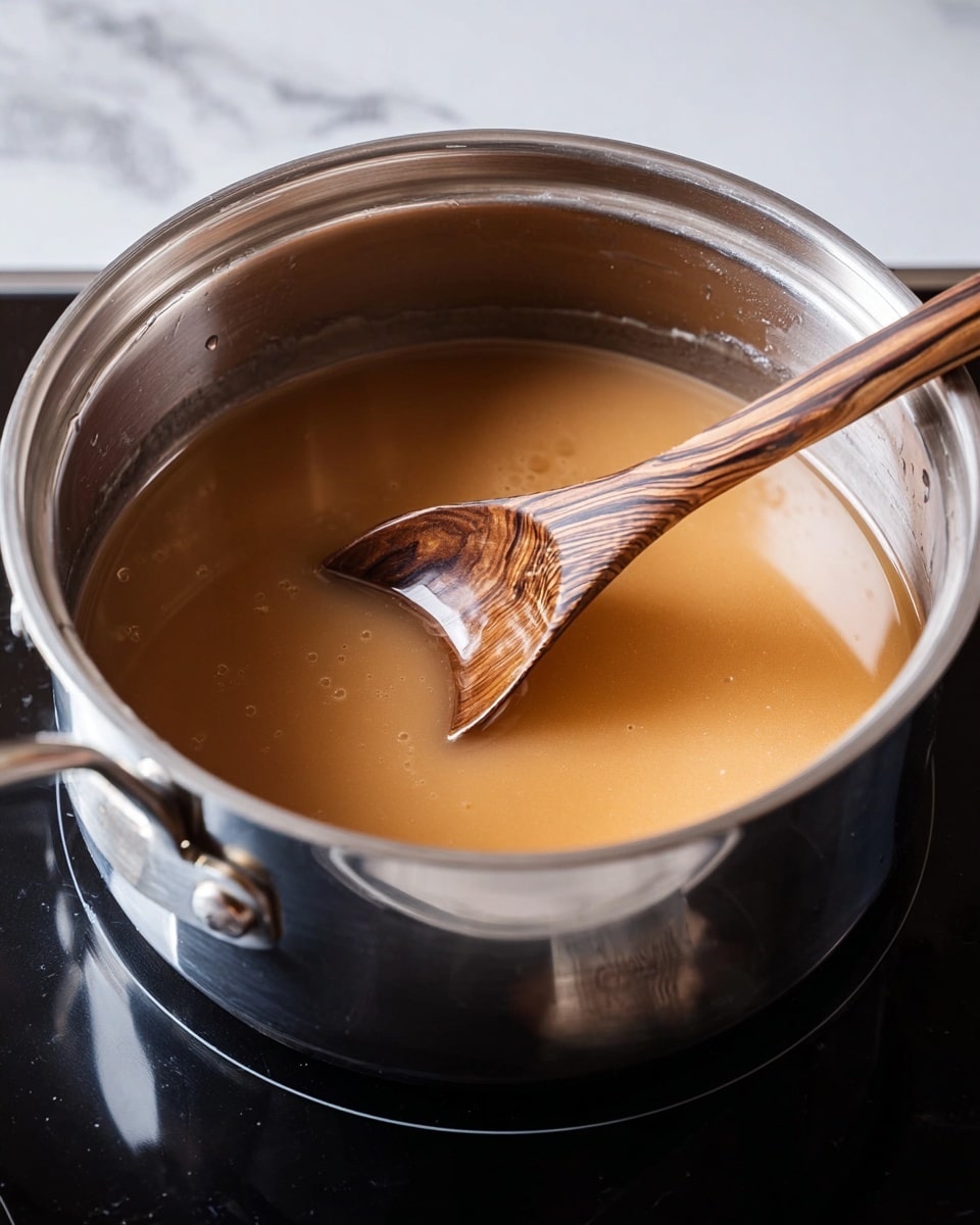 A shiny silver pot filled with a smooth, light brown liquid being stirred by a wooden spoon with a dark and light grain pattern, sitting on a black cooking stove. The pot has a thick rim and two metal rivets fixing the handle to the side. The liquid surface shows some gentle ripples from the stirring. The background is a white marbled texture. photo taken with an iphone --ar 4:5 --v 7