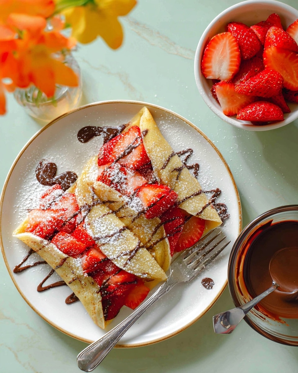 Two folded light golden crepes lie side by side on a white plate, each filled and topped with bright red, sliced strawberries arranged along the edges and inside the crepes. Thin dark chocolate drizzles streak across the crepes, dusted with a fine layer of white powdered sugar. A silver fork rests on the left side of the plate. To the upper right of the plate is a transparent bowl filled with dark chocolate sauce with a silver spoon inside, and next to it, a white bowl holds sliced strawberries in liquid. The surface under everything is a white marbled texture with soft natural light, and a small vase with yellow-orange flowers is visible in the top left corner. Photo taken with an iphone --ar 4:5 --v 7