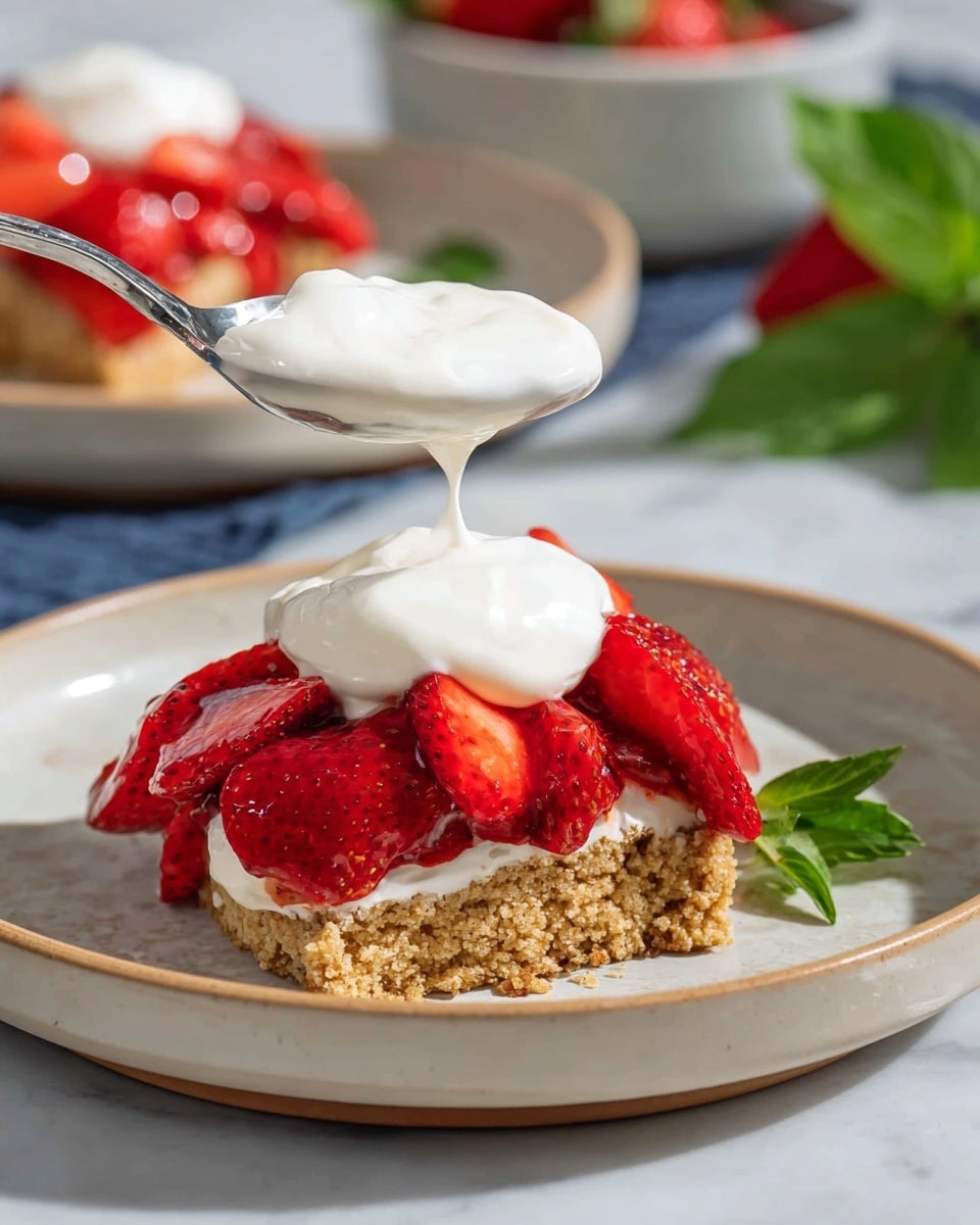 A white plate holds a dessert with three layers: the bottom layer is a rough-textured, light brown biscuit, on top of that are shiny, fresh red strawberry slices spread evenly covering the biscuit, and on top there is a dollop of thick, white cream being added by a silver spoon from above. In the background, there is another similar dessert on a white plate and some green leaves on a white plate, all on a white marbled surface. Photo taken with an iphone --ar 4:5 --v 7
